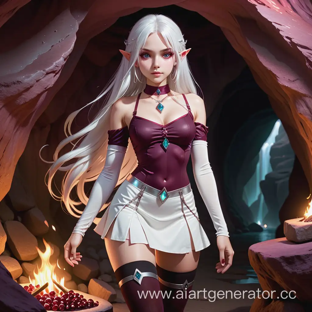 Athletic-Elfin-Girl-in-Silver-Attire-Stands-by-Cave-Fire