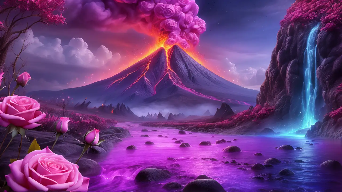 fairytale magical with pink roses in a glowing bright purple river and volcano with blue-fire lava 