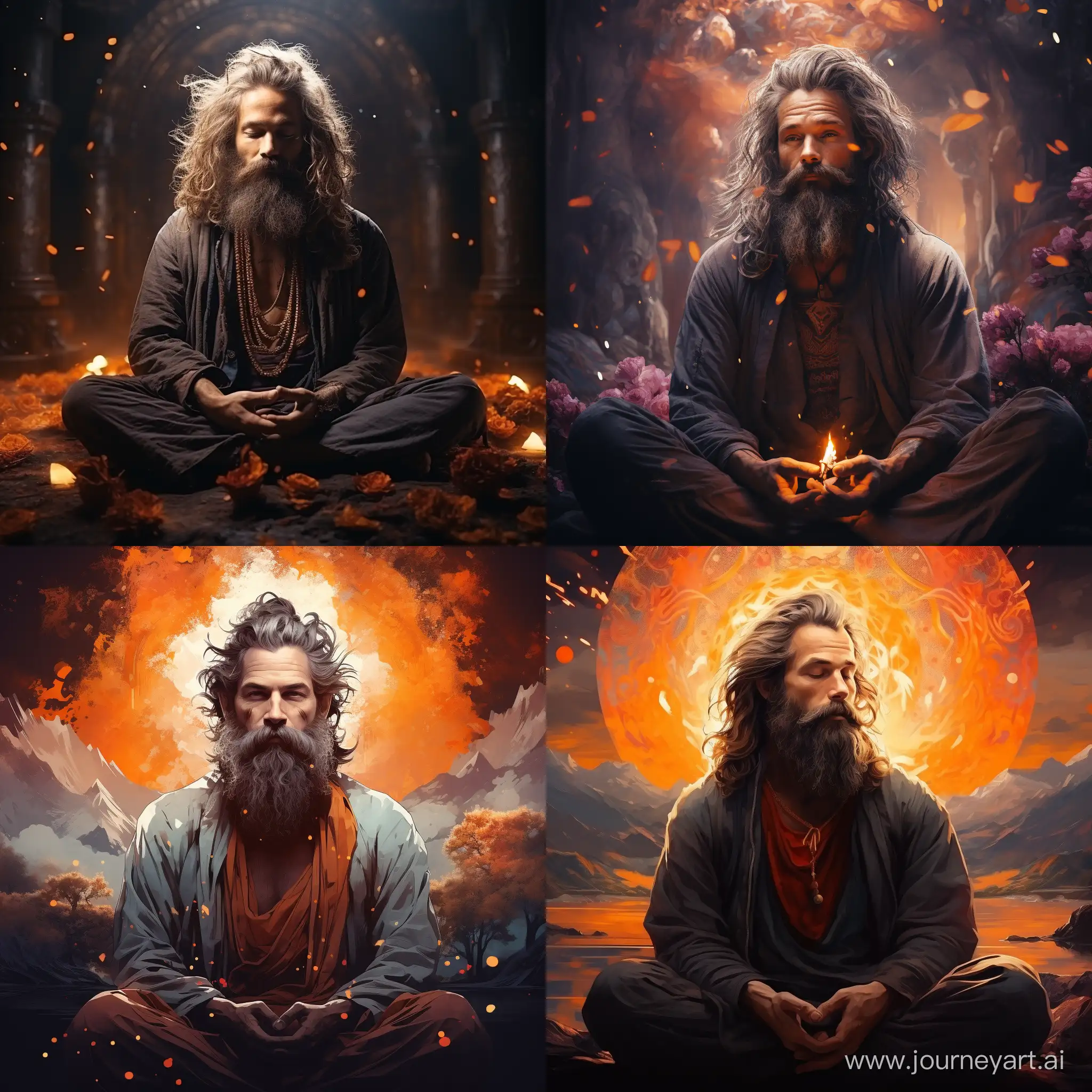 man with beard and hair meditates, on background mystical art --s 400 --style raw