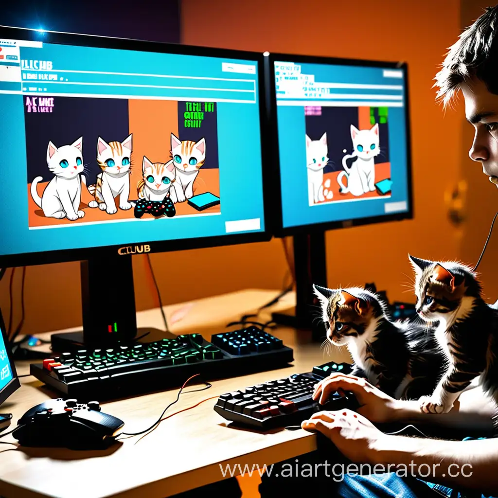человек играет в компьютерном клубе в игру,рядом с ним котята