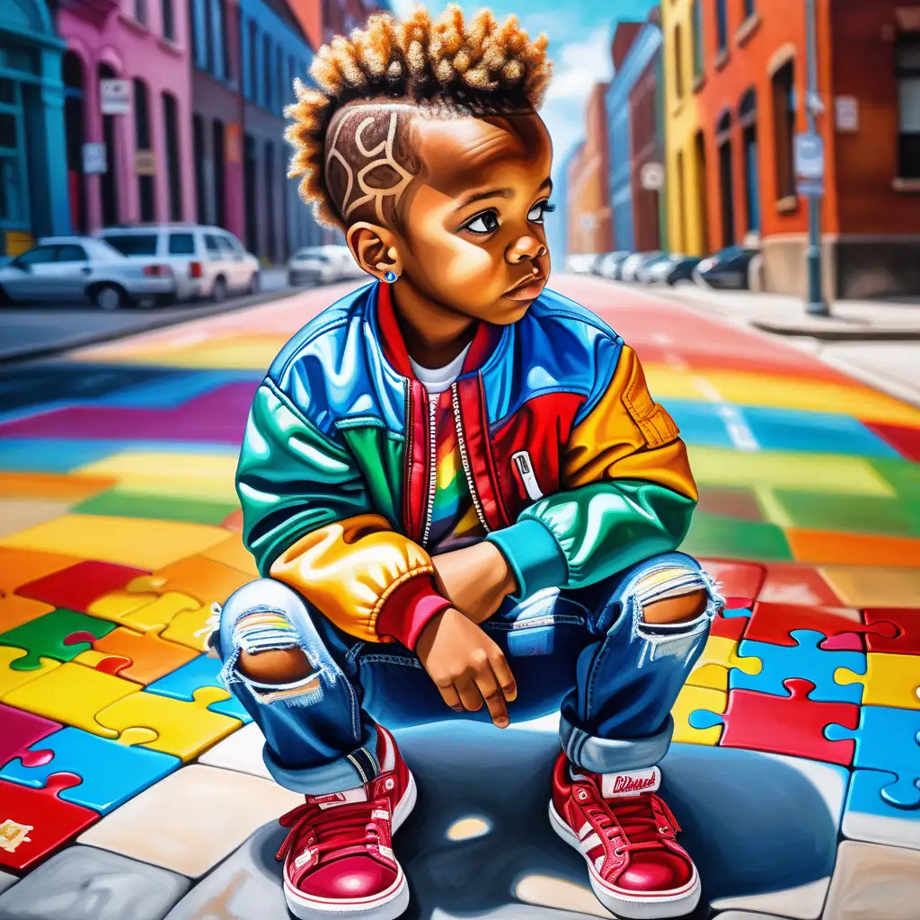 a toddler african american boy individual posing thoughtfully with a hand resting on their chin. They sport a modern hairstyle with a faded cut and are wearing a bomber jacket over a rainbow-colored shirt. The outfit is completed with ripped jeans and red sneakers, which suggest a trendy sense of style. The background is vibrant with colorful puzzle pieces that appear to be floating around, some even integrating into the rocks the individual is seated upon. The puzzle pieces vary in color and size, adding to the dynamic and somewhat whimsical feel of the image. A spray paint-like effect gives the scene an urban, artistic flair. The overall composition combines elements of realism in the individual with more fantastical and expressive graphic art in the background.