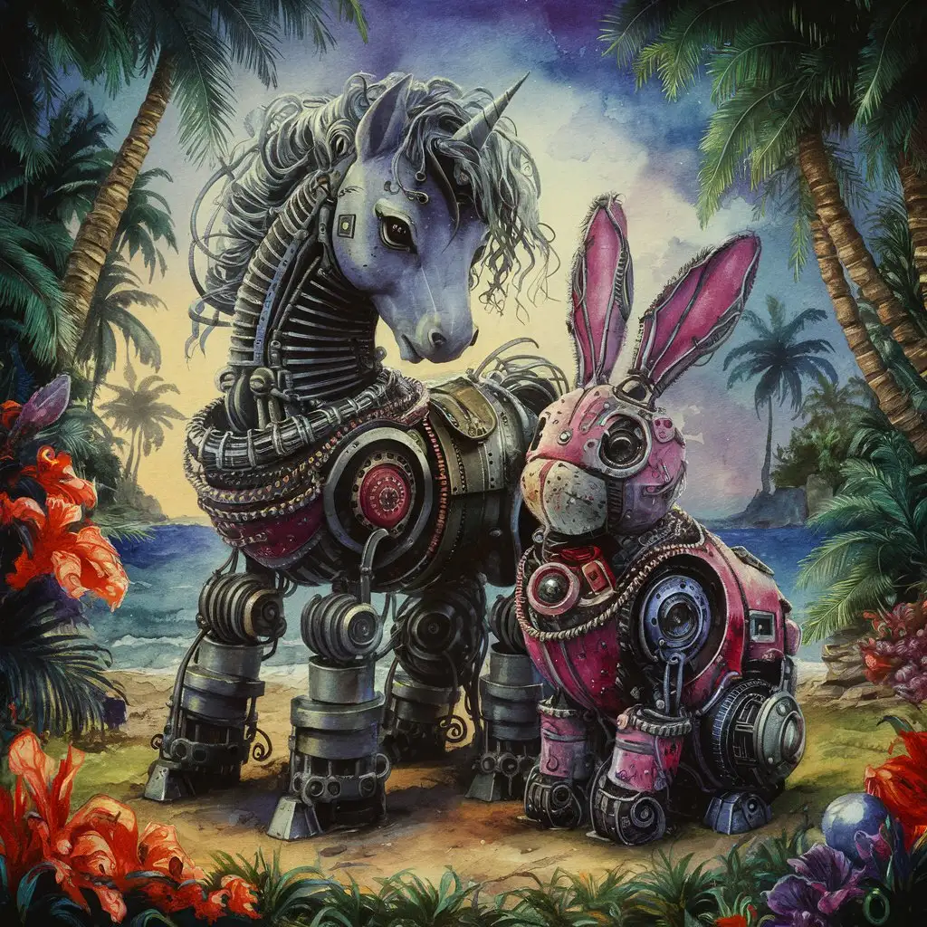 A gothic painting of a robotic pony and a robotic Easter bunny , watercolor, hawaian paradise, detailed, Bruno Amadio style, G. Bragolin style