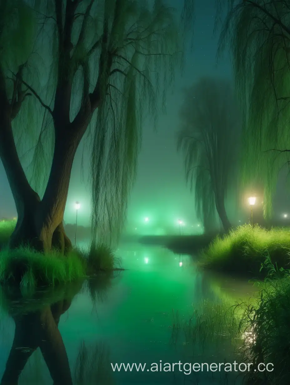 Ночная река на переднем плане большие красивые ивы с длинными зелеными листьями плывёт туман