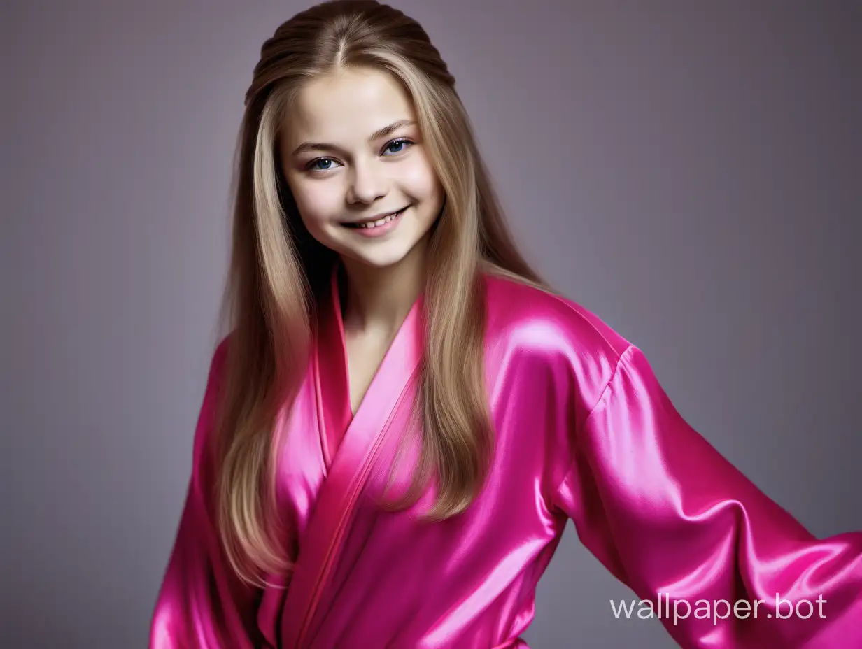 Yulia Lipnitskaya with long silky hair Smiling in Luxurious Pink fuchsia Silk robe