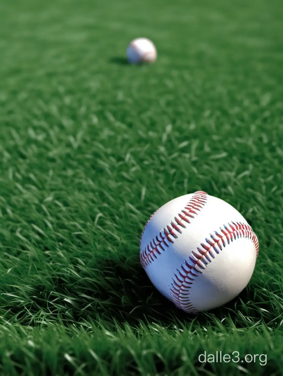 A baseball ball is rolling on the grass of the baseball field. The ball is a soft baseball ball. The ball is drawn below the image.