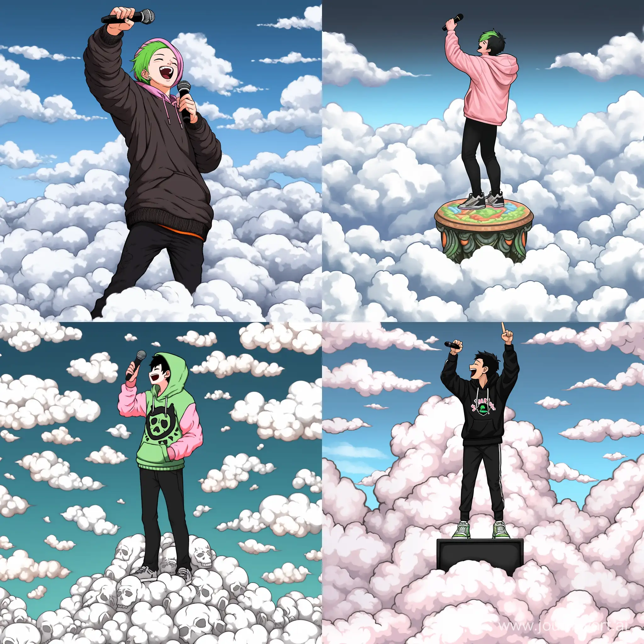 Young male artist, black hoodie, back turned, standing on peak, Singing microphone in hand, mesmerizing helding up like victory vibrant pose, Sky and clouds in front, tem green in the background --niji