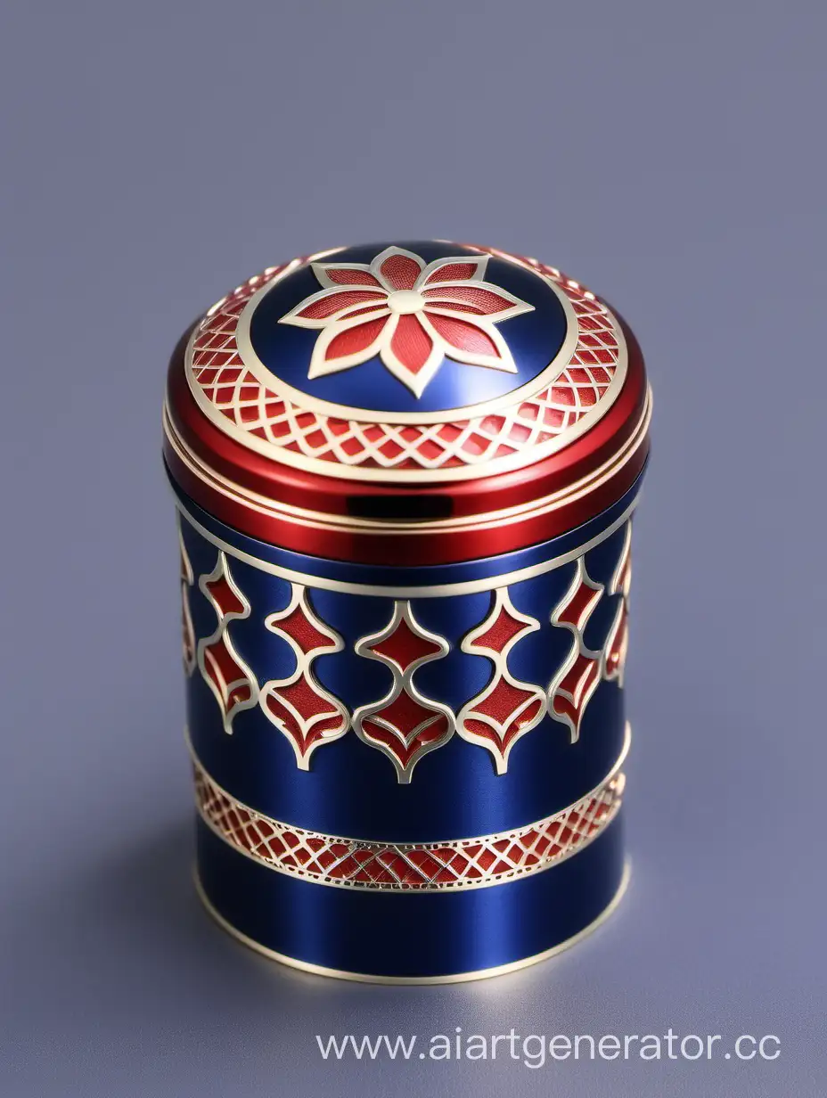 Elegant-Zamac-Perfume-Ornamental-Cap-in-Shiny-Dark-Blue-with-Matt-Red-and-White-Border-Line-and-Arabesque-Pattern