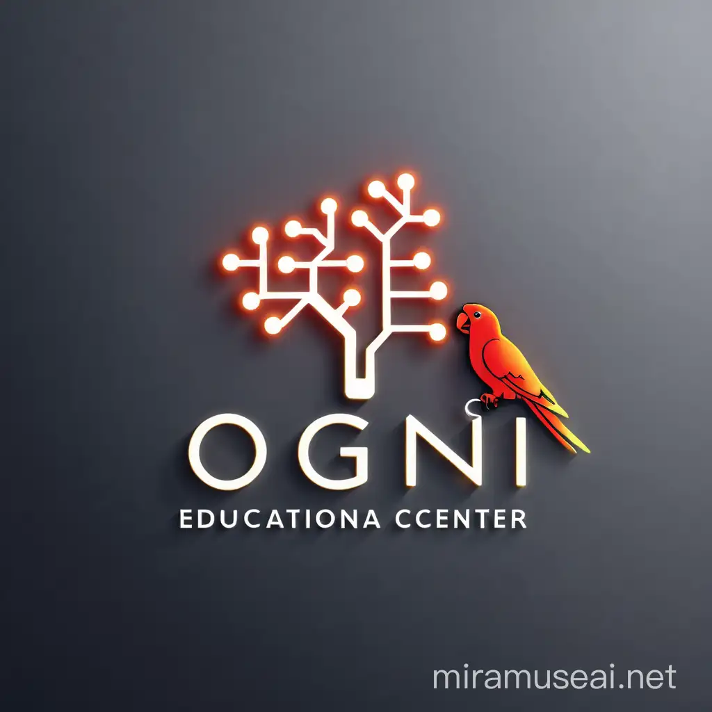 Schematic Russian Text Logo for OGN Educational Center with Glowing Neural Connections and Red Parrot