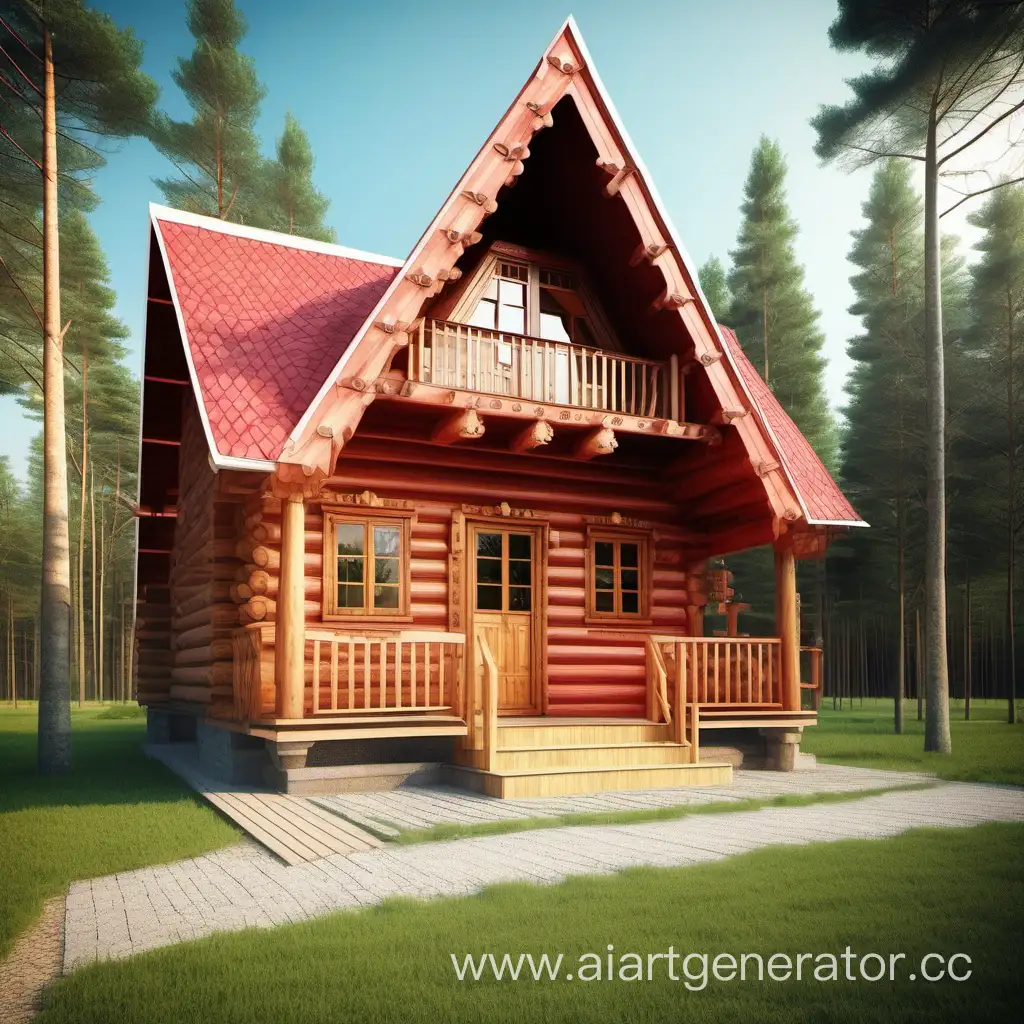 Country house design. Country house in private style, wooden russian hut, one-story building, texture of logs, windows with carved cash trees, triangular roof with red tiles, a large recreation area is arranged against the backdrop of a pine forest