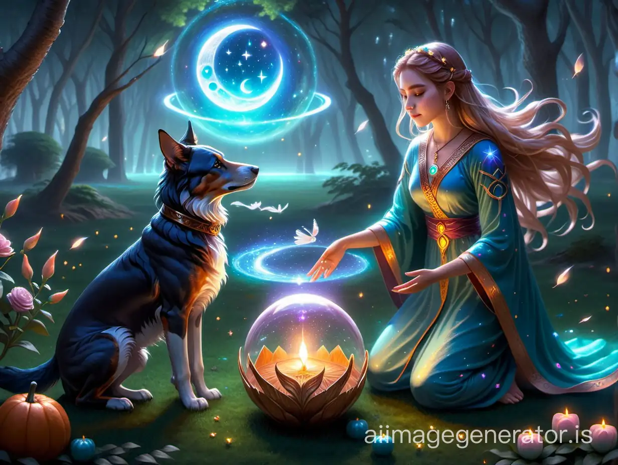 Luna, Sol, and Stella interacting with various mystical creatures and spirits, showcasing their compassion and empathy.
