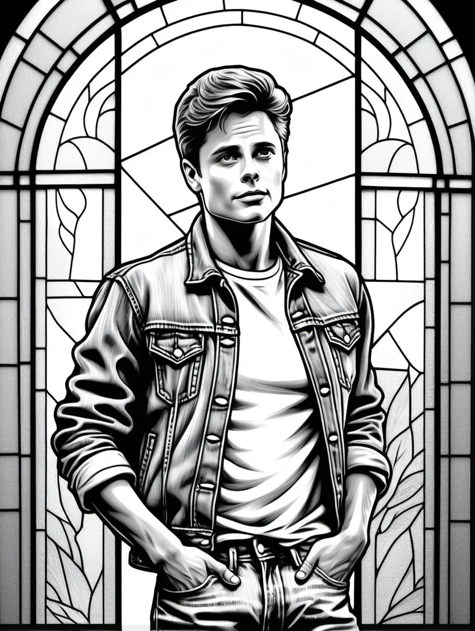 adult coloring page, clean black and white --no color, white background, stained glass with small house in the midwest, young rob lowe in the outsiders, looking up, tight-fitting jeans, white T-shirt, denim jacket, pompadour
