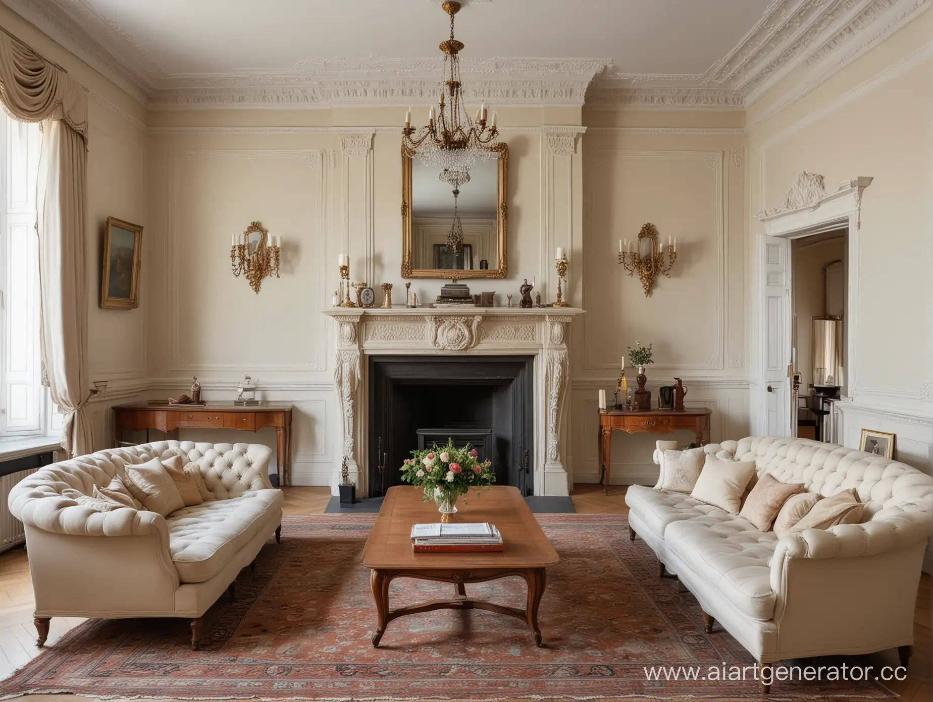 Аристократичная гостиная конца 19 века, камин, диван обитый тканью, журнальный столик, стены в деревянной белой обналичке