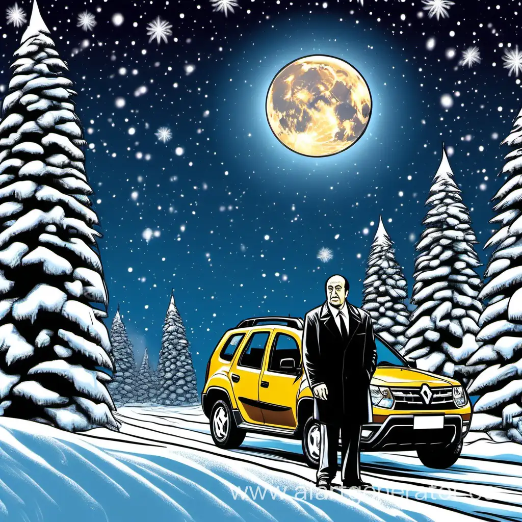 Tony Soprano stands on a forest road, tall Christmas trees for the New Year, snowdrifts, night, winter, strong frost, a huge moon and stars in the sky, very beautiful, very bright, Renault Duster is very large, next to him stands Tony Soprano huge and cheerful