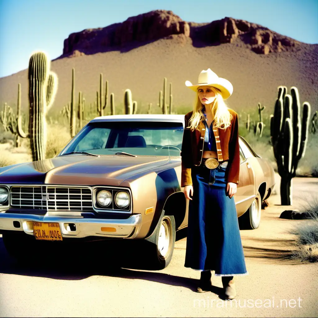 wearing cowboy hat in a desert of cactuses. blond hair long wavy. wears long denim skirt, cossacks boots, gold ear rings, brown velvet jacket with fringe. dodge car stands aside. kodak Ultra Color 100