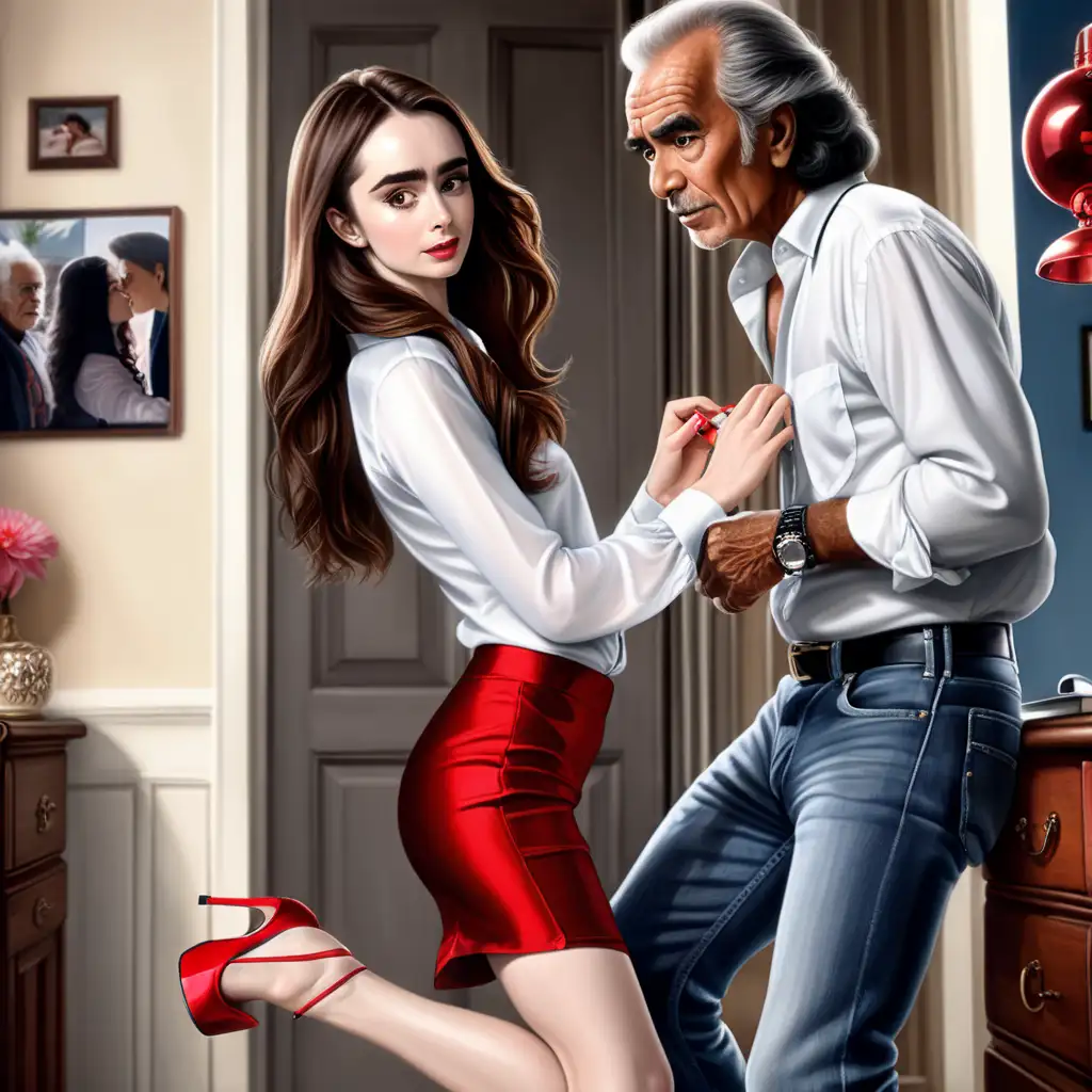 Seductive Lily Collins Flirts with Old Andean Man in Brightly Lit Student Room