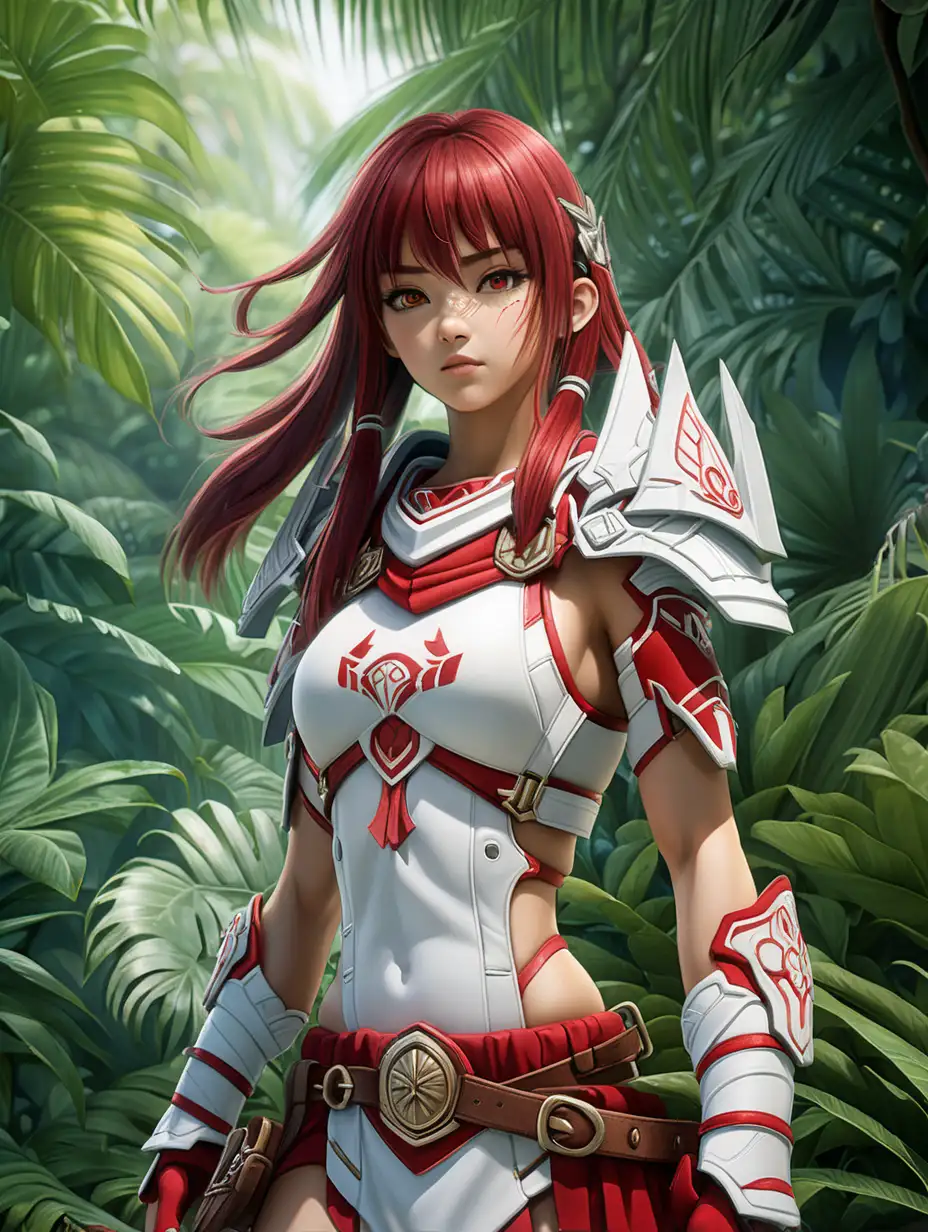 (cinematic lighting), An anime beautiful girl warrior immersed in the lush and mysterious landscapes of a Mediterranean jungle. Envision her clad in practical yet elegant white and red trim warrior attire, Her eyes reflect a mix of determination and vigilance, showcasing her readiness for any challenge that may arise in the dense foliage, full body photo, angle from below, intricate details, detailed face, detailed eyes, hyper realistic photography,--v 5, unreal engine