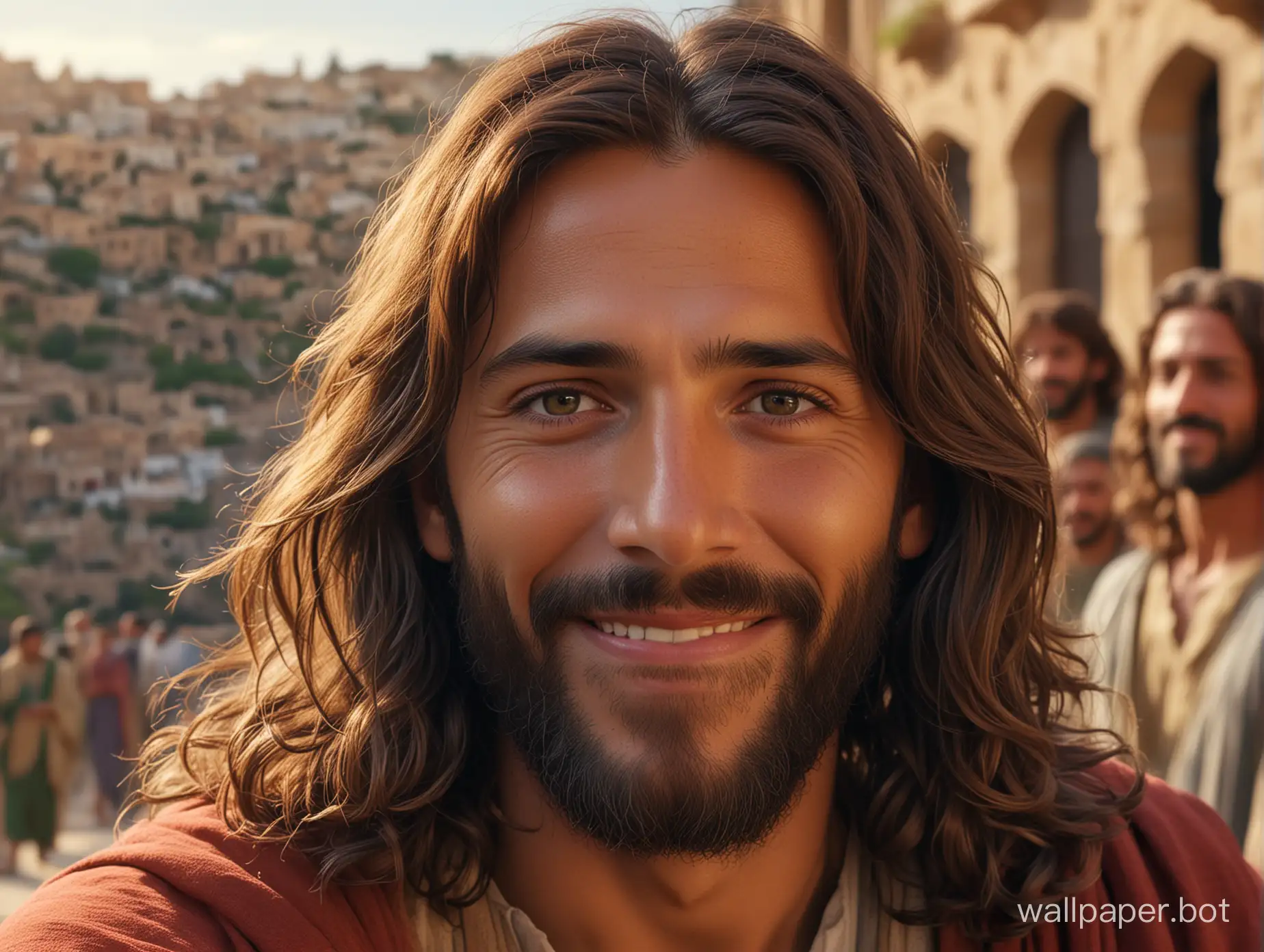 A stunning, realistic close-up image of Jesus smiling warmly, with his long, wavy hair and kind eyes. In the background, the twelve apostles are depicted in a detailed, period-accurate setting, perhaps a traditional Middle Eastern town or village. The scene is vibrant and full of life, with the colours and textures capturing the essence of the time period. The overall atmosphere of the image is cinematic and dramatic, inviting the viewer to delve deeper into the story., vibrant, photo, cinematic