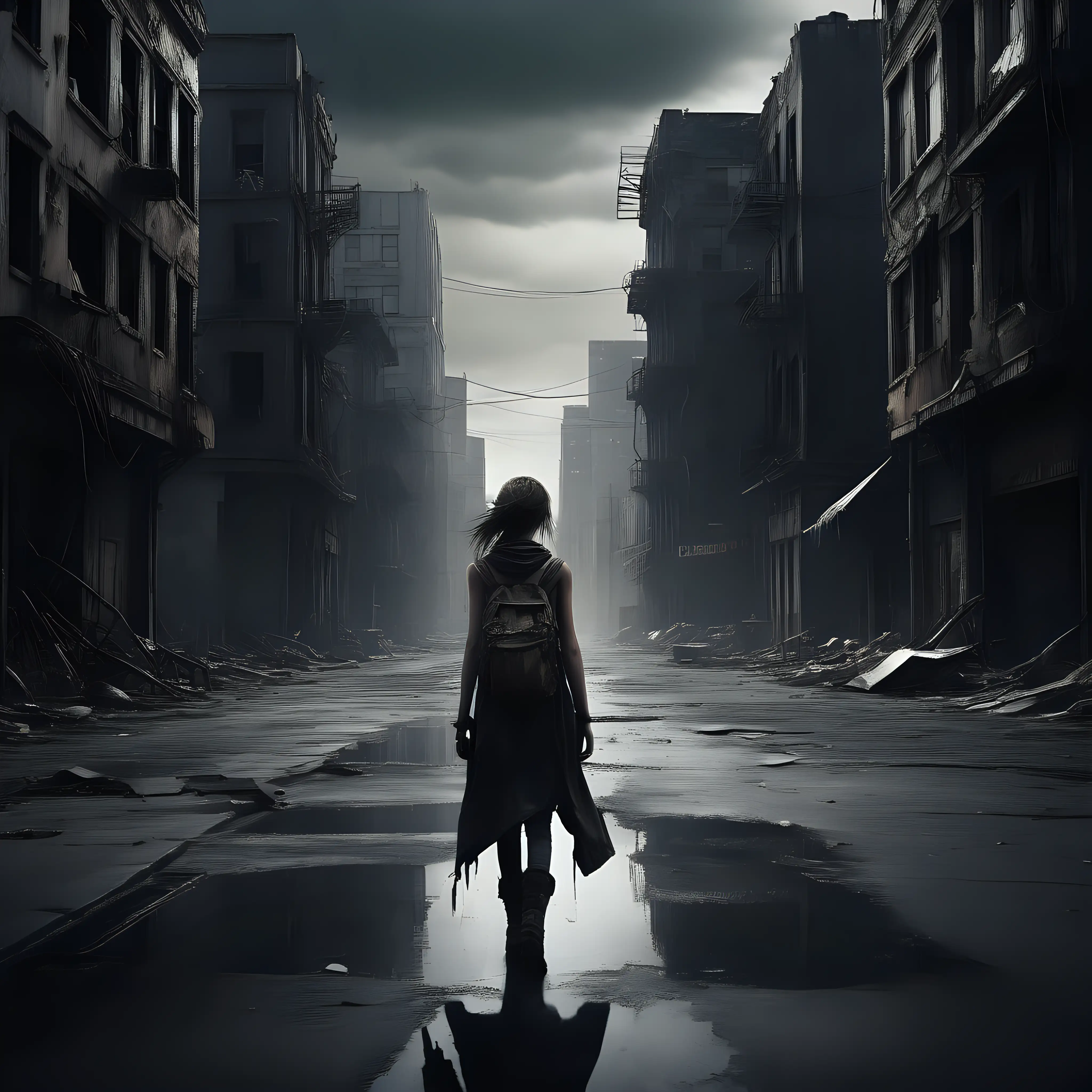 photographic image of a dark post apocalyptic city of a girl walking alone along a empty street