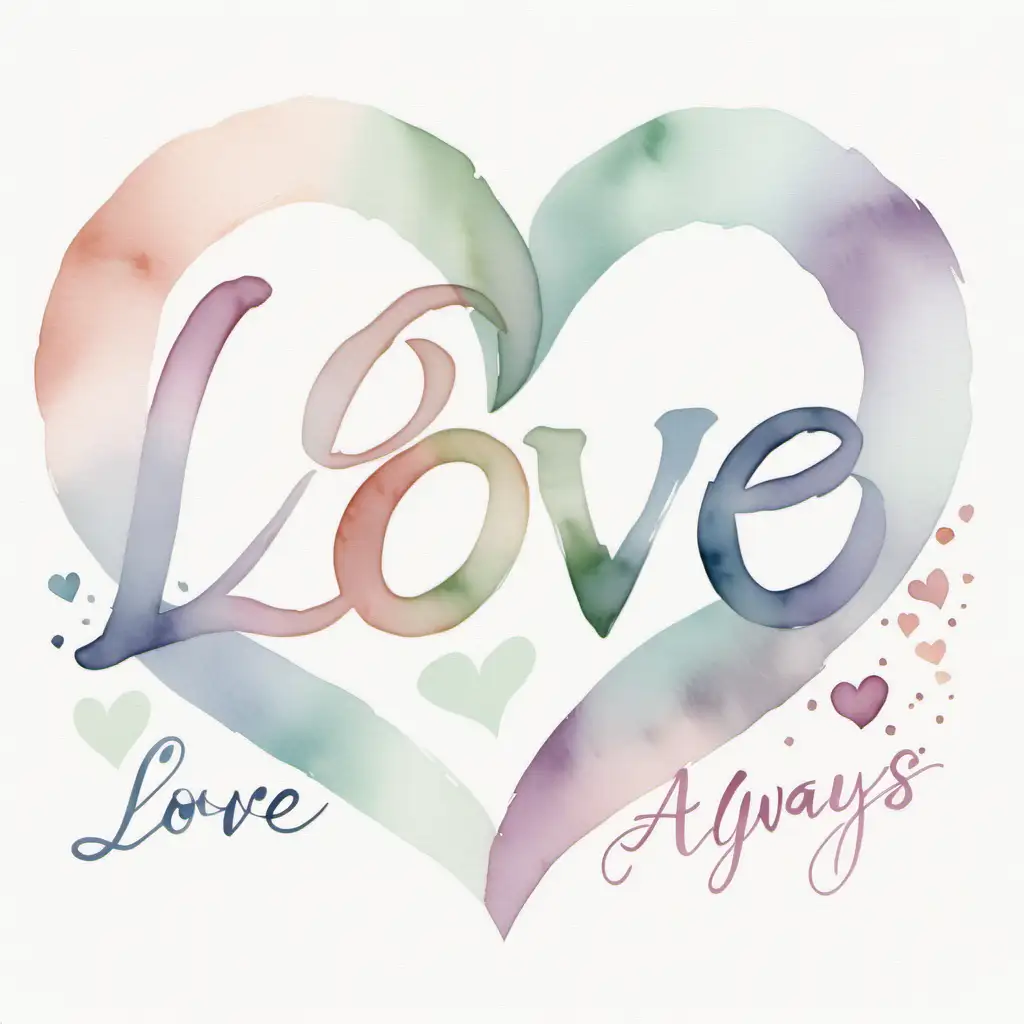 A romantic design with a watercolor background in soft pastel shades, featuring intertwined hearts and the words "Love Always" in an elegant script.  --ar 4:3