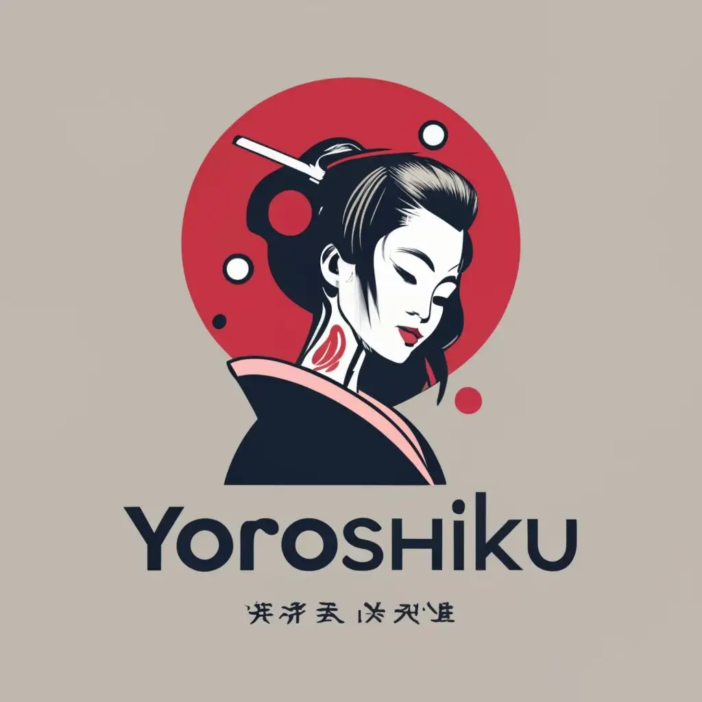 logo, logo design for  "YOROSHIKU", logo, line,modern,logo of a geisha with tattoos, minimal, style of japanese book cover, with the text "YOROSHIKU", typography