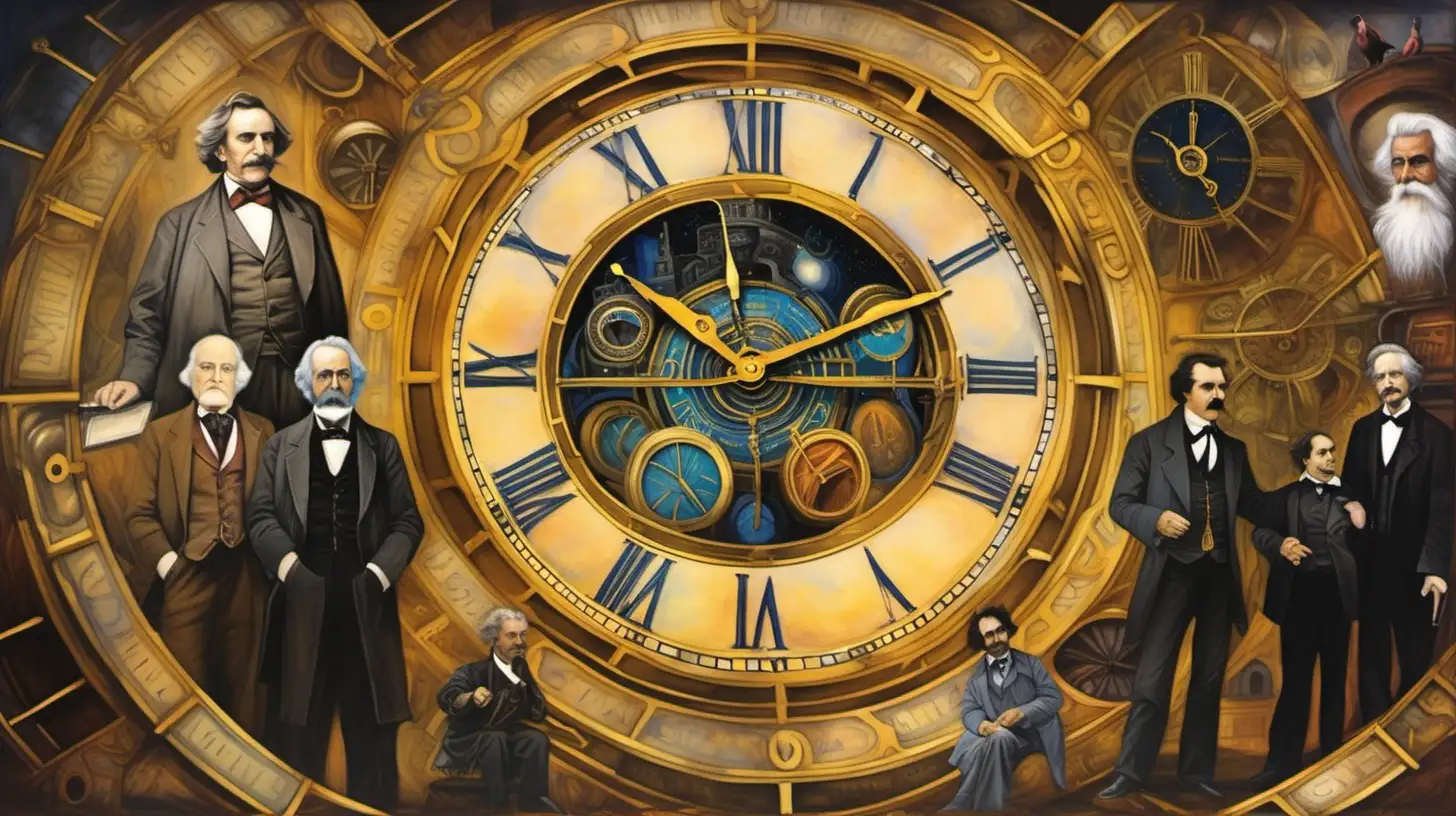 a giant clock time machine sybol painting with Joseph Campbell, Emily Dickinson, Plato, Mark Twain, Edgar Allan Poe, and Henry David Thoreau behind it