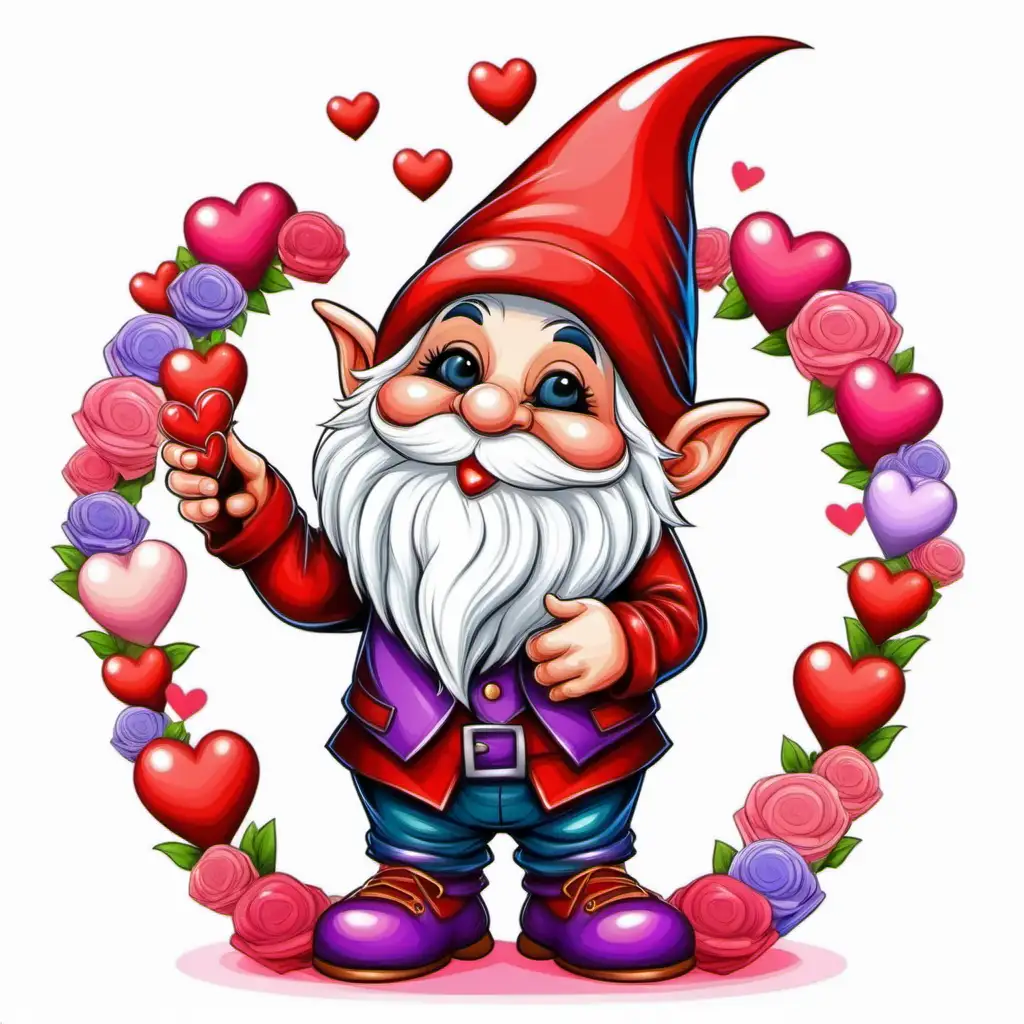 Cheerful Valentine Gnome in Vibrant Cartoon Style on White Background