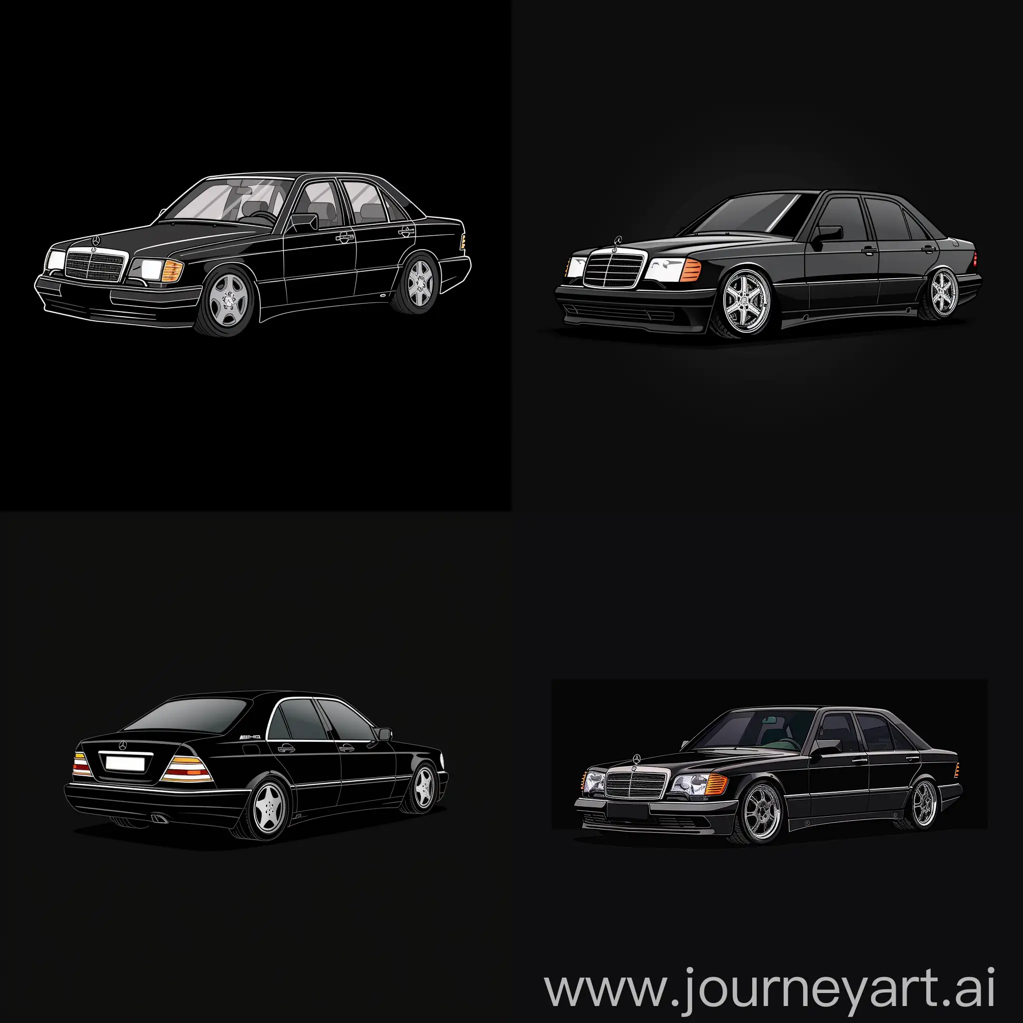 Minimalism 2D Car Gesture View Illustration of: Black Mercedes Benz W140 S320, Simple Black Background, Adobe Illustrator Software, High Precision