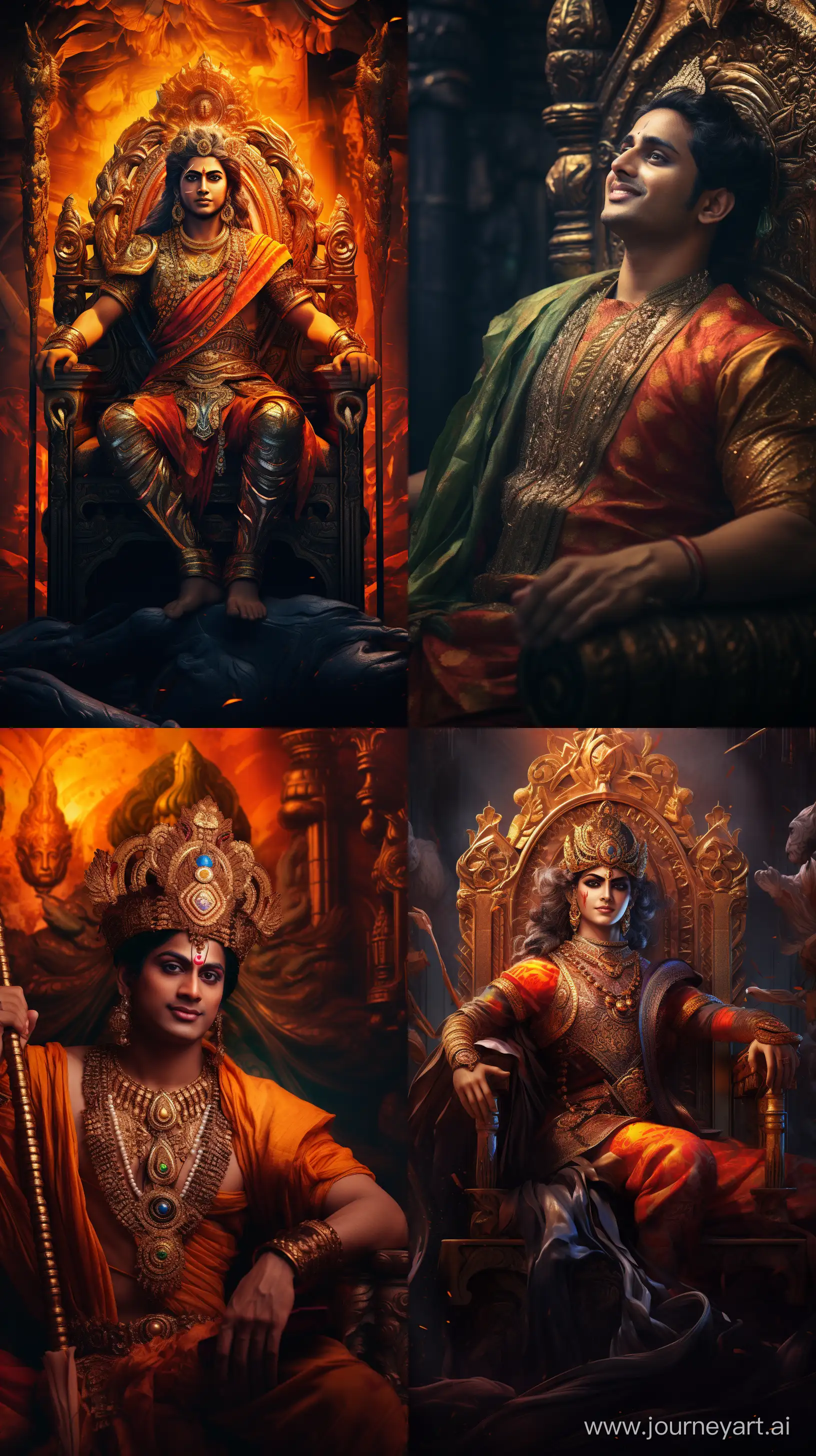 Realistic colorful images depicting Lord Rama from Hinduism seated in a throne, laughing with tears in his eyes, intricate details, 8k, close-up image, dim ambient lighting, --ar 9:16