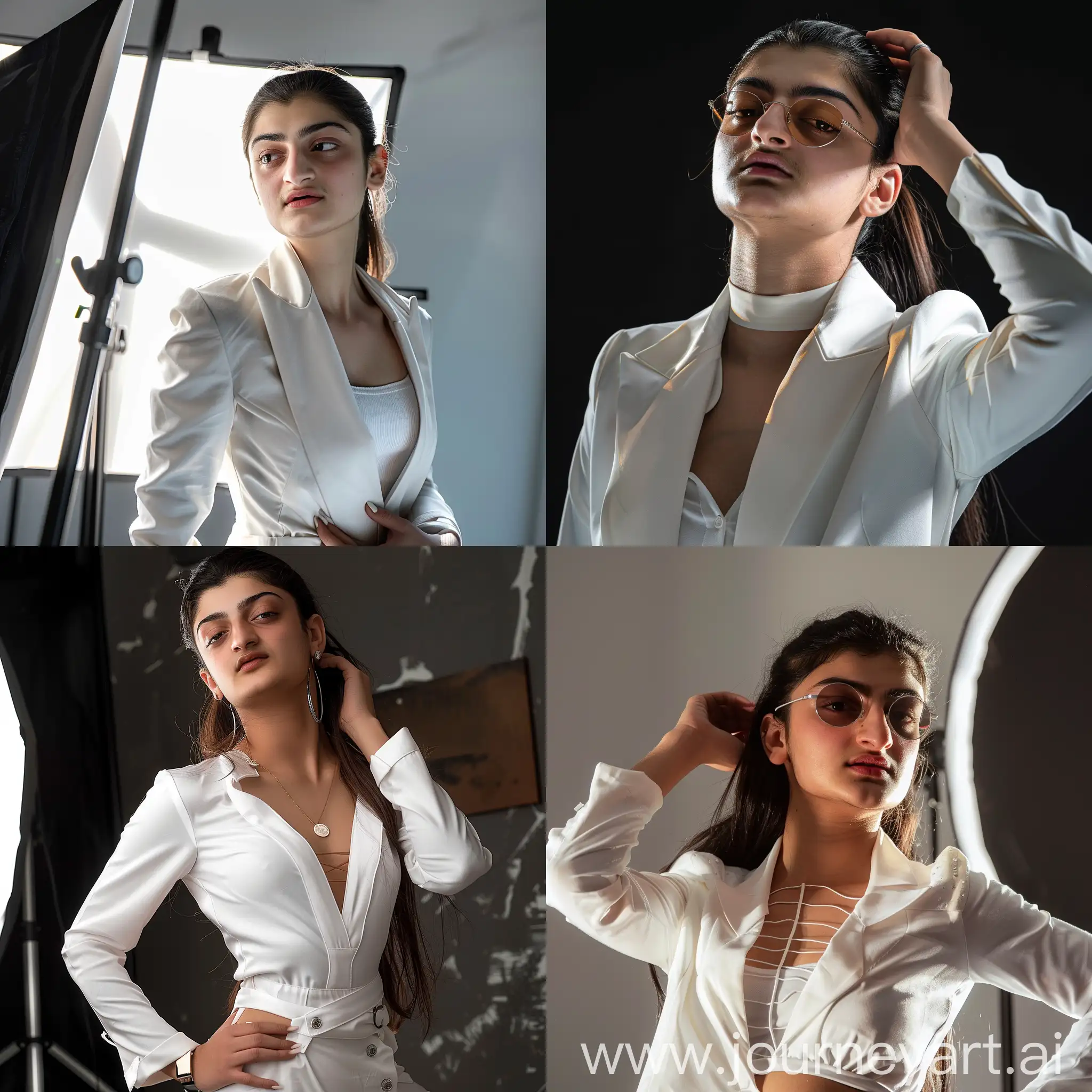 A stylish woman in white striking boss poses during a studio photoshoot --cref https://scontent.cdninstagram.com/v/t39.30808-6/430311440_17957115842746649_8961673510114542728_n.jpg?stp=dst-jpg_e15&efg=eyJ2ZW5jb2RlX3RhZyI6ImltYWdlX3VybGdlbi4yMDQ4eDIwNDguc2RyIn0&_nc_ht=scontent.cdninstagram.com&_nc_cat=105&_nc_ohc=PVwn_B8IytAAX9xe06J&edm=APs17CUAAAAA&ccb=7-5&ig_cache_key=MzMxOTI4MzQ5MzMwMTI1MDAxOQ%3D%3D.2-ccb7-5&oh=00_AfA6HZo5HEuhrv9aiV26RNfBlrxajdy-fgw2KVEmA07Y_A&oe=65F7D133&_nc_sid=10d13b  --style raw  --cw 0