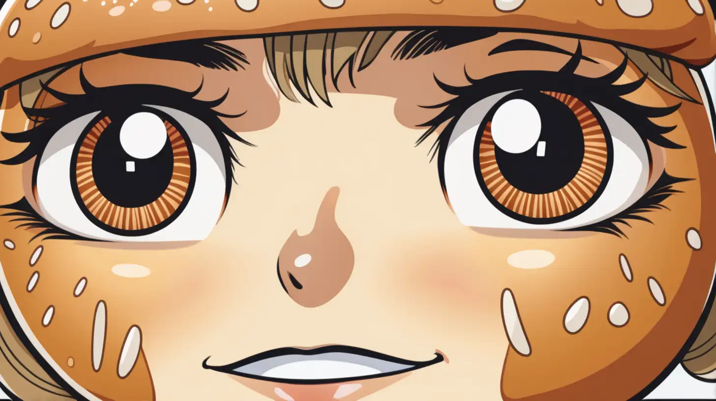 An illustrated figure of a Hamburger bun . Close up of her eyes and she has a competitive look
