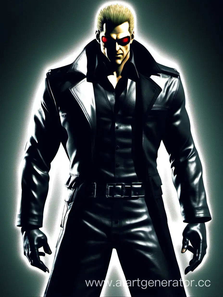 Alber Wesker, very muscular body, scary smile, red eyes
