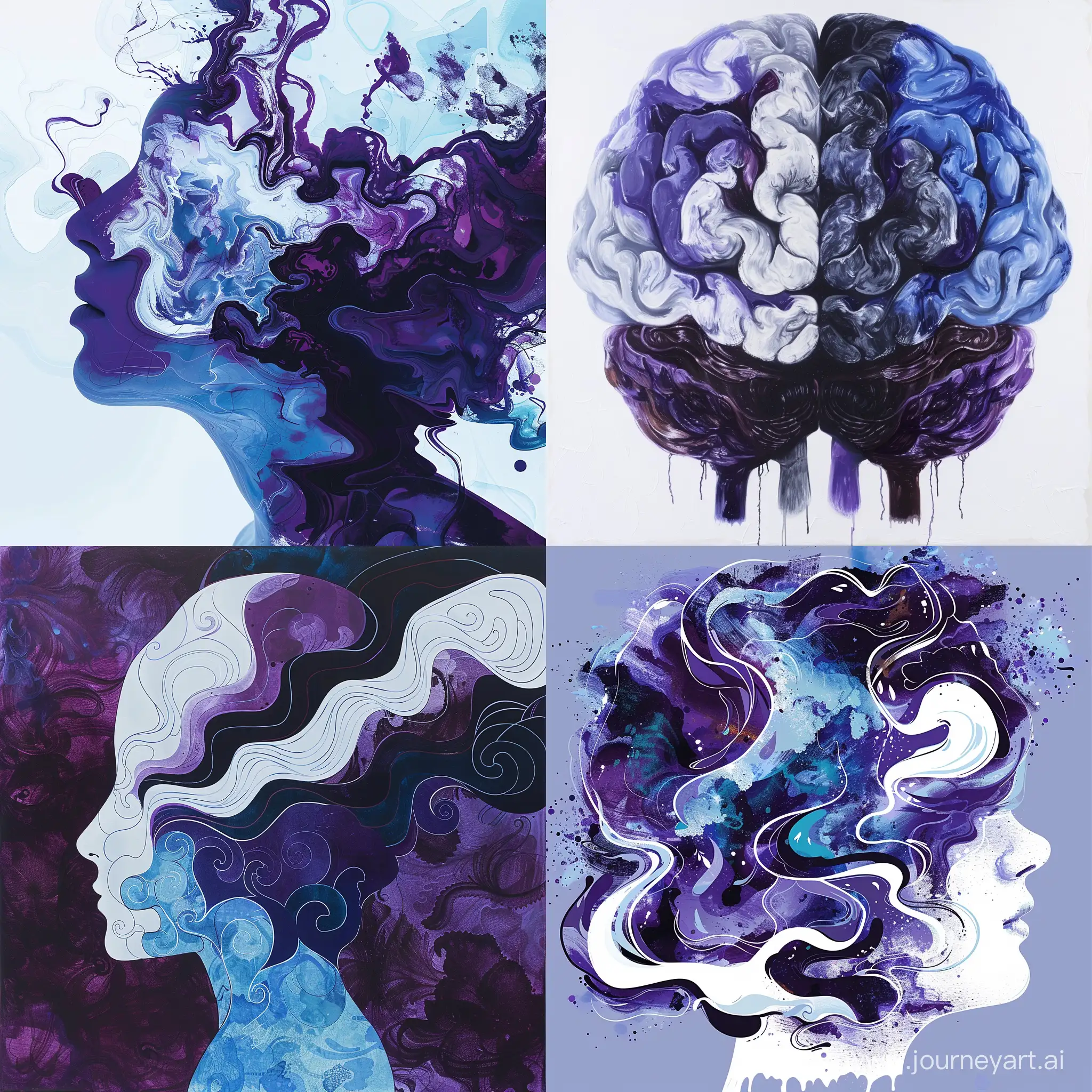 Discovering Of brain harmony. Image illustrating a person's brain harmony. harmony, tending colors: Purple, Bordeaux, White, Blue, Black, Blue --v 6 --ar 1:1 --no 45548