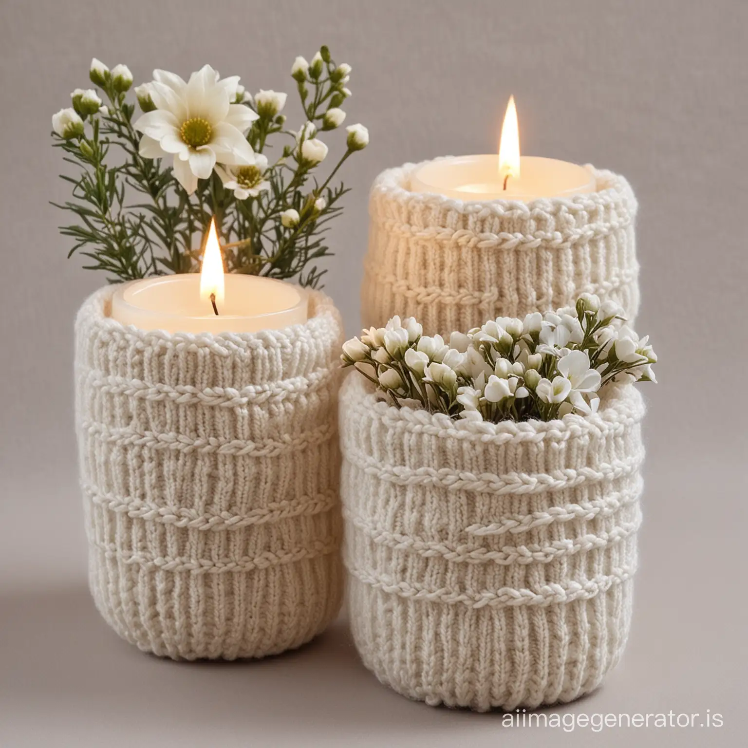 Knitted Cozy for Vases with Fresh Flowers introduces a touch of warmth to your winter wedding by wrapping vases with fresh flowers or candle jars in cozy knitted covers. Filled with winter flowers or candles, these cozies are perfect for creating a cozy, inviting atmosphere.