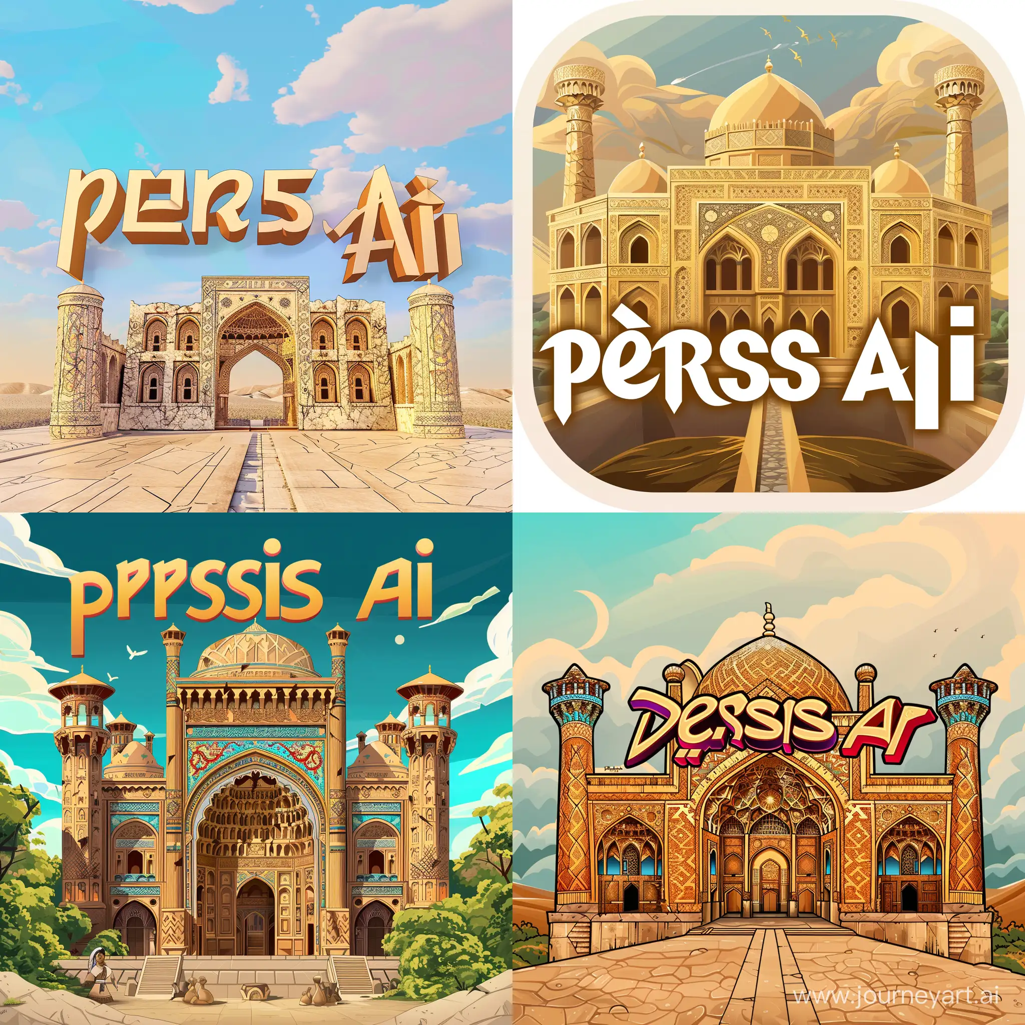 I want a logo for my YouTube channel named persis ai. I want this name to be three-dimensional and with the artistic texture of ancient Iran, and the background is Parse Palace in the form of a two-dimensional cartoon.