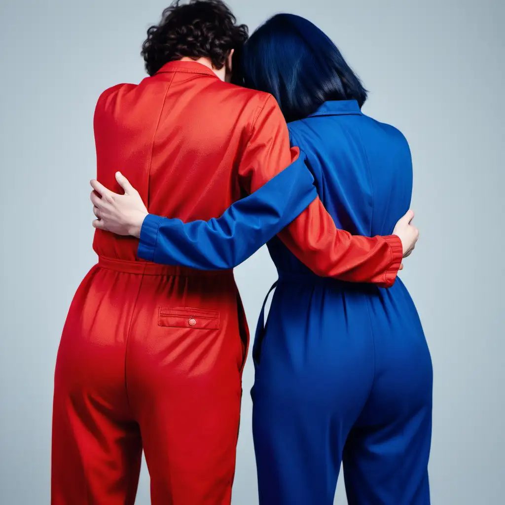 the upper backs of two people close up, leaning again each other with their hands at their sides, wearing red and blue jumpsuits