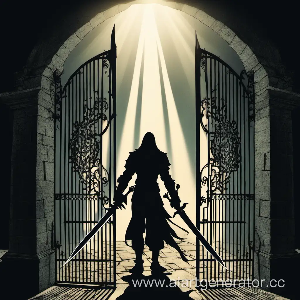 Mysterious-Figure-with-Sword-Stands-Before-Radiant-Gates