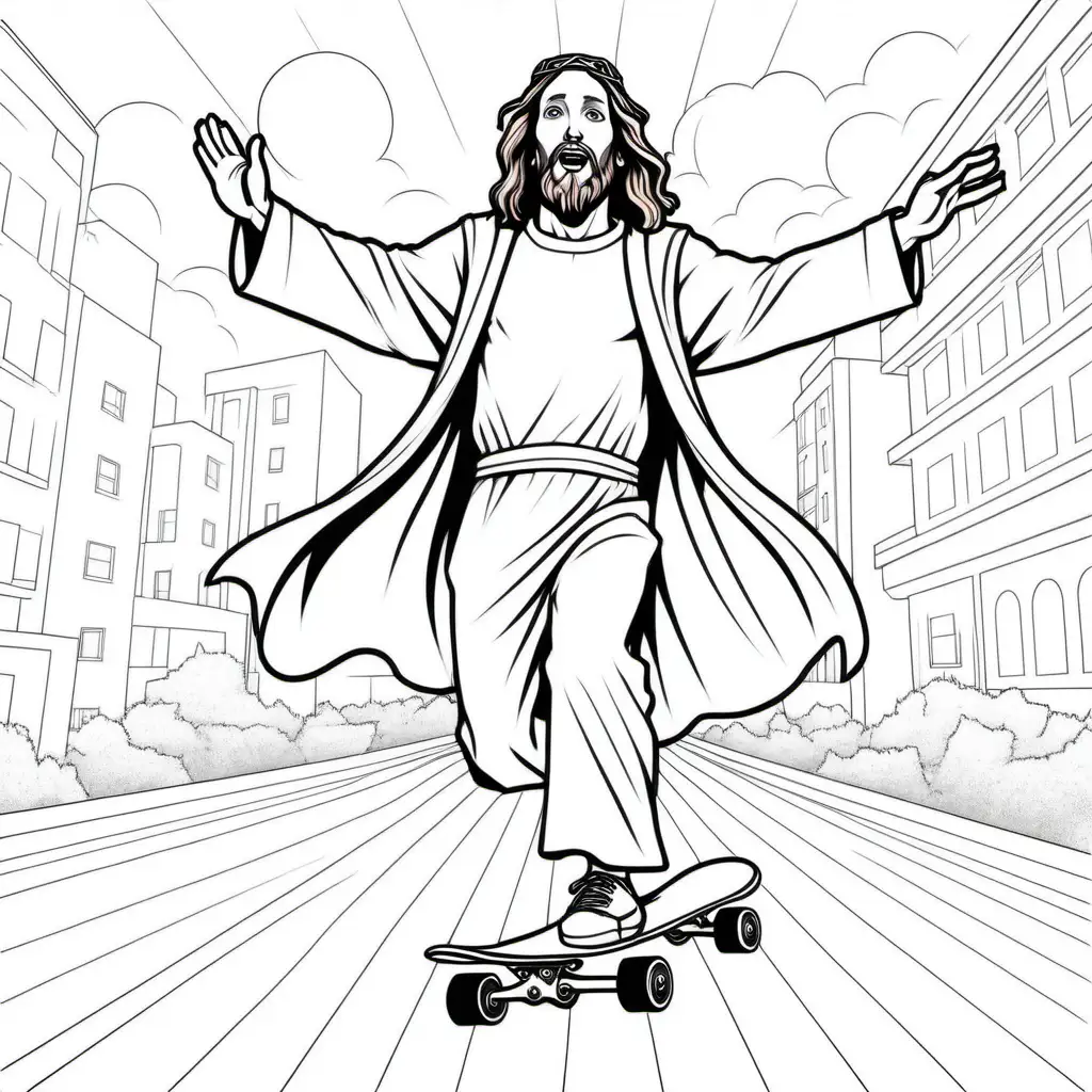 Jesus Christ Super Hero Skateboarding Coloring Book Image