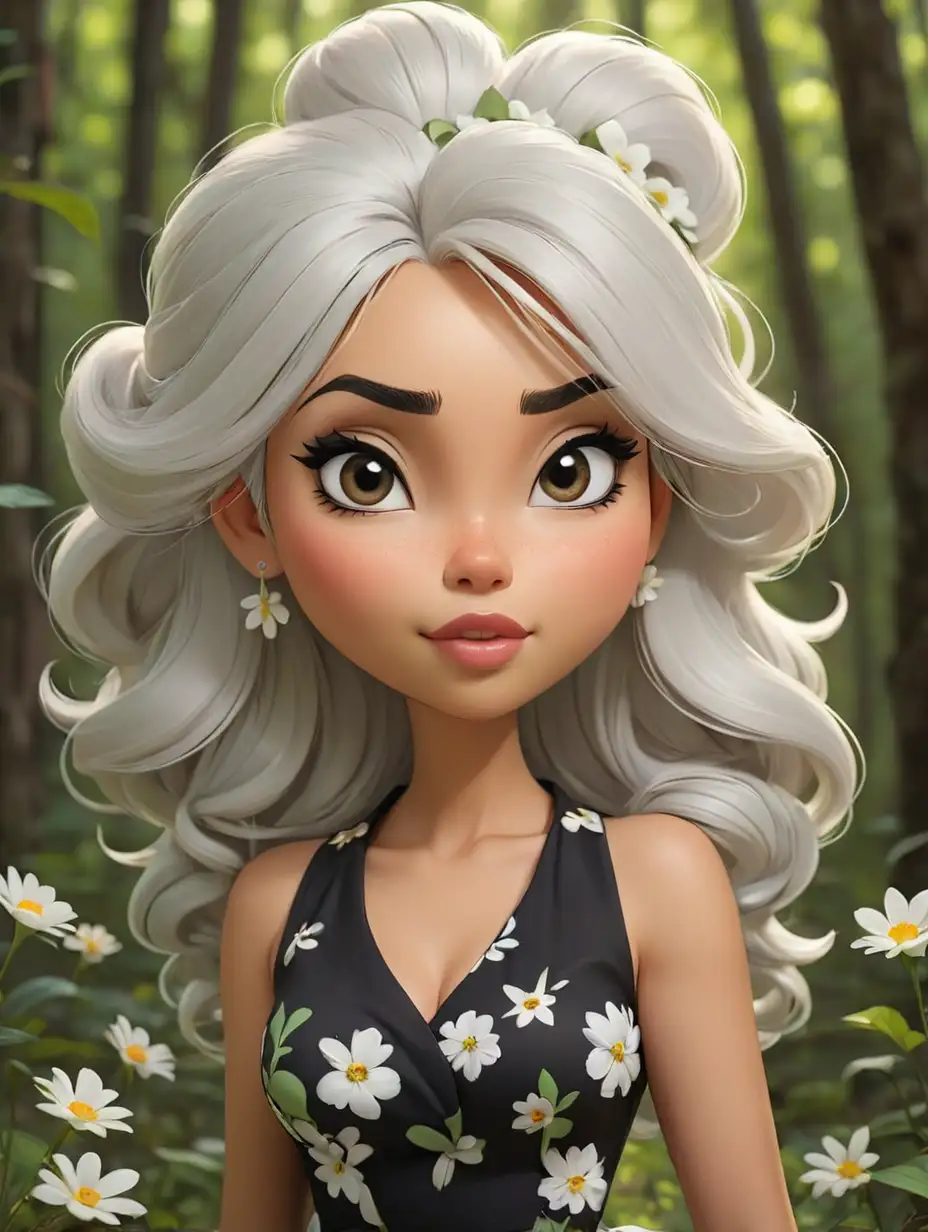 Black and white caricature of a beautiful latina woman with fair skin, chibi style, she has long white hair up in a bun, plump lips, big almond eyes, she has flowers in her hair, she is in the forest , she is wearing high heels,