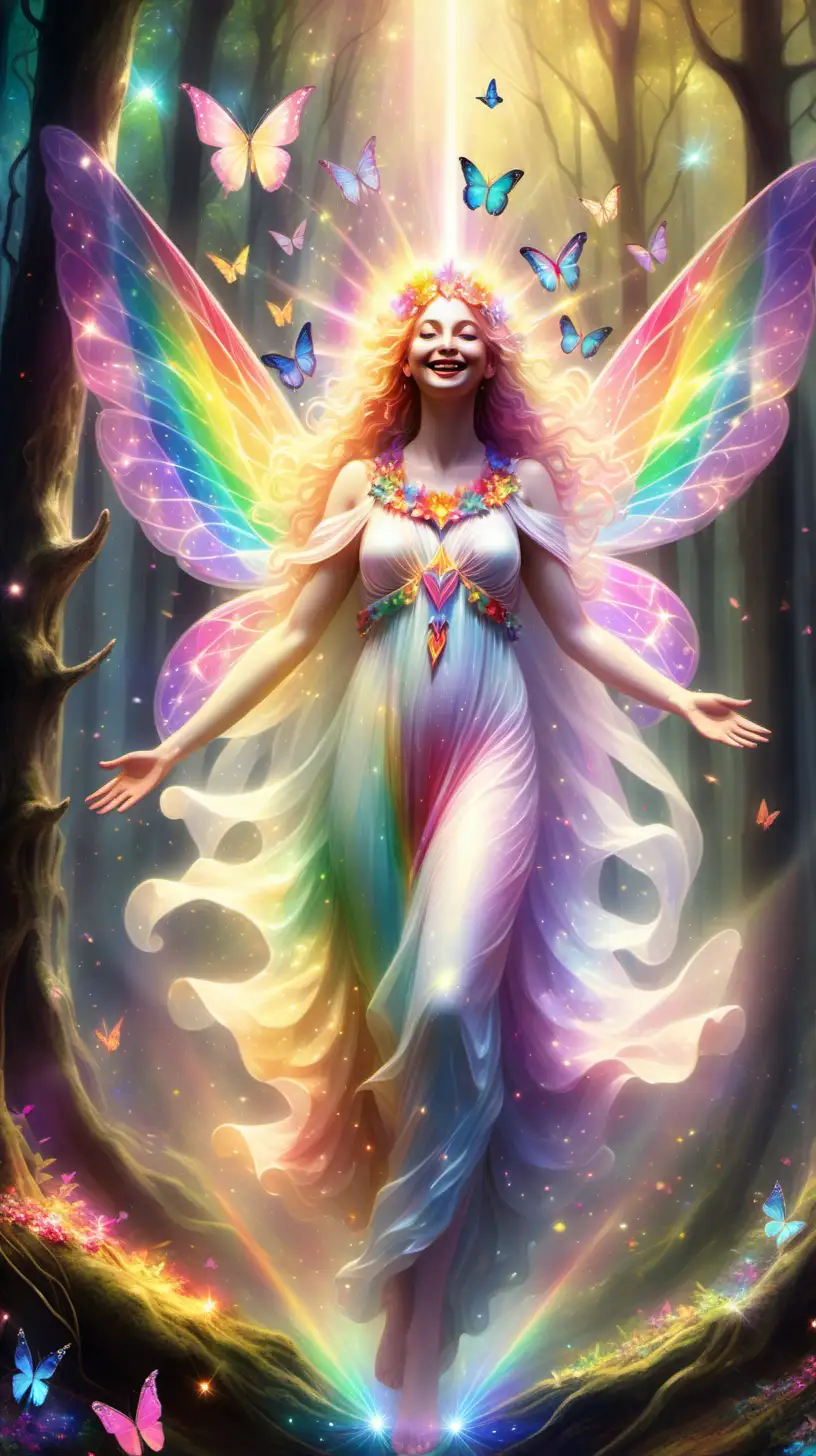happy, smiling, sparkly, divine goddess emerging from a dark forest. Have the angelic figure surrounded by rainbow light, sparkles and butterflies. evoke an inspiring, magical, cheerful, blissful feel, using bright, rainbow, pastel colors. 