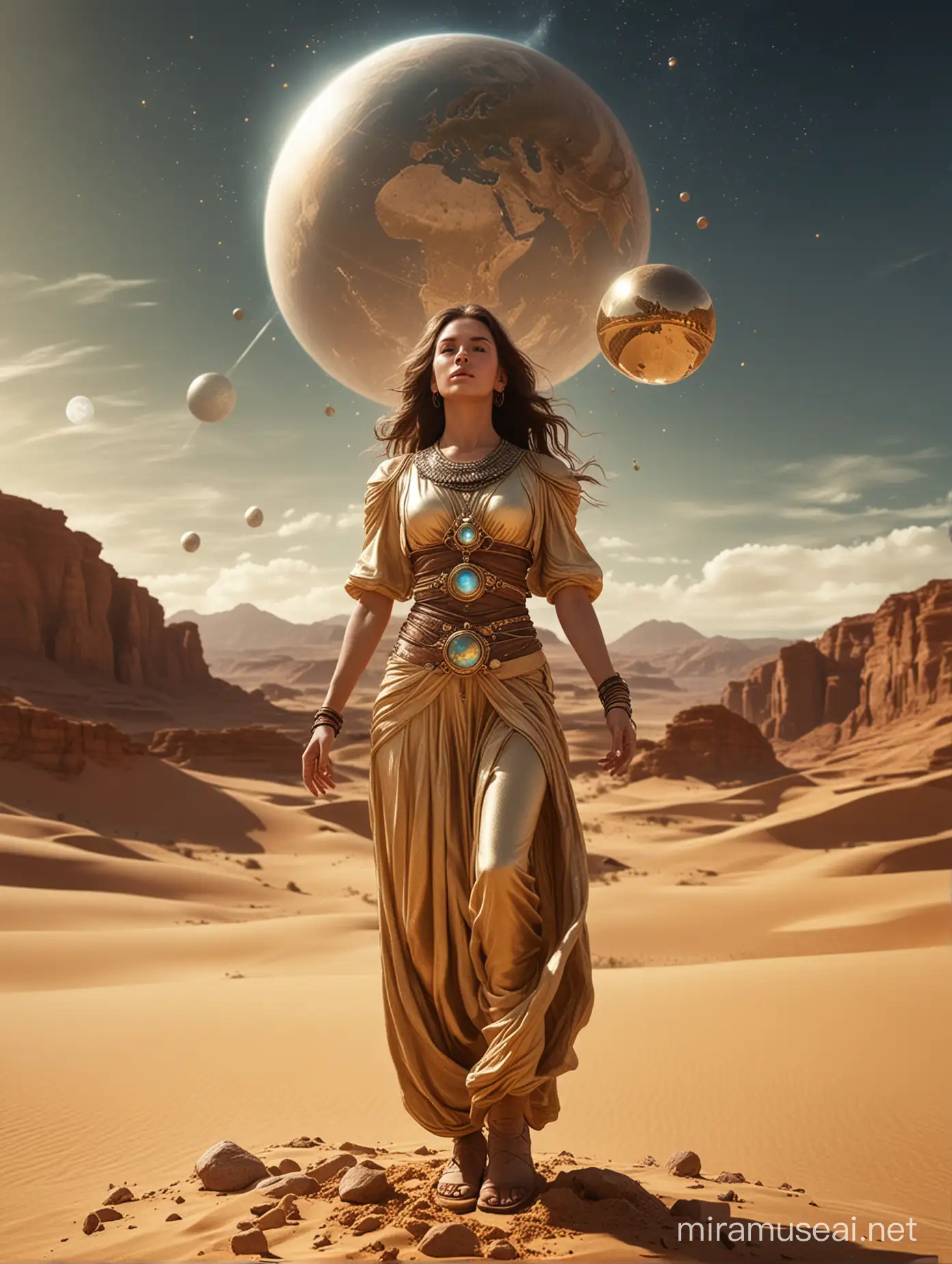 aline women standing in the desert high fantasy, earth globe in her hands, flying clothes adventure, golden stones, flying sands, interstellar.