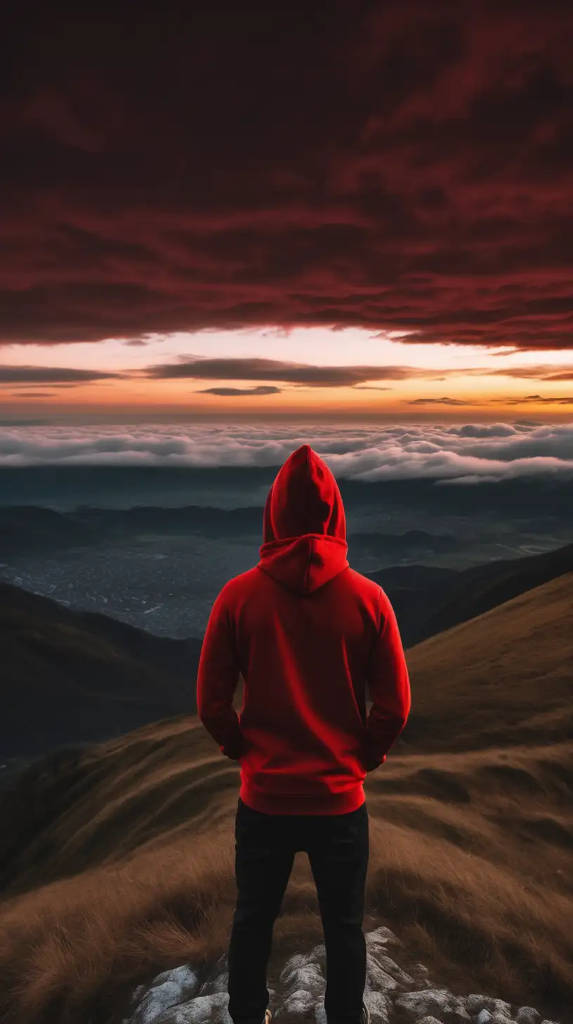 Man Standing on Mountain Hill, Wearing red Hoodie, Looking at Sunset. The clouds are dark red