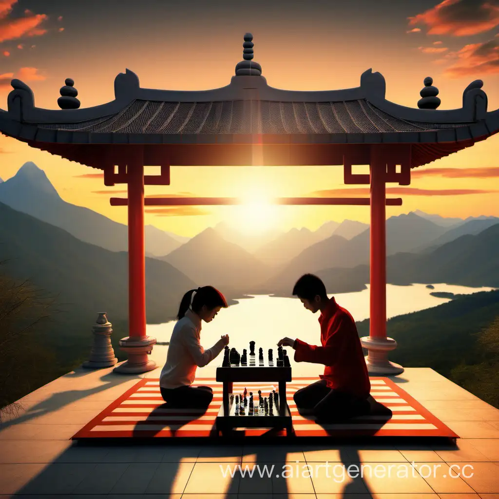 Mountain-Sunset-Chess-Game-in-Pagoda
