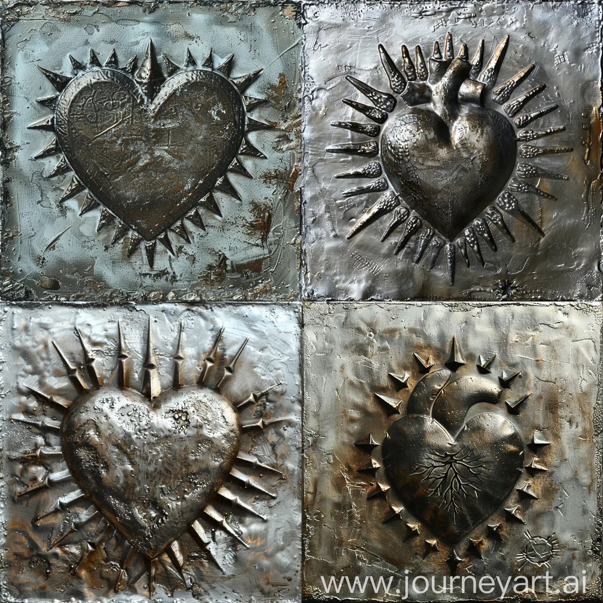 metal panel showing a heart with spikes stencil, in the style of smooth and shiny, soft-edged, wet-on-wet blending, transparent/translucent medium, engraved ornaments, ready-made objects --ar 1:1 --v 6.0