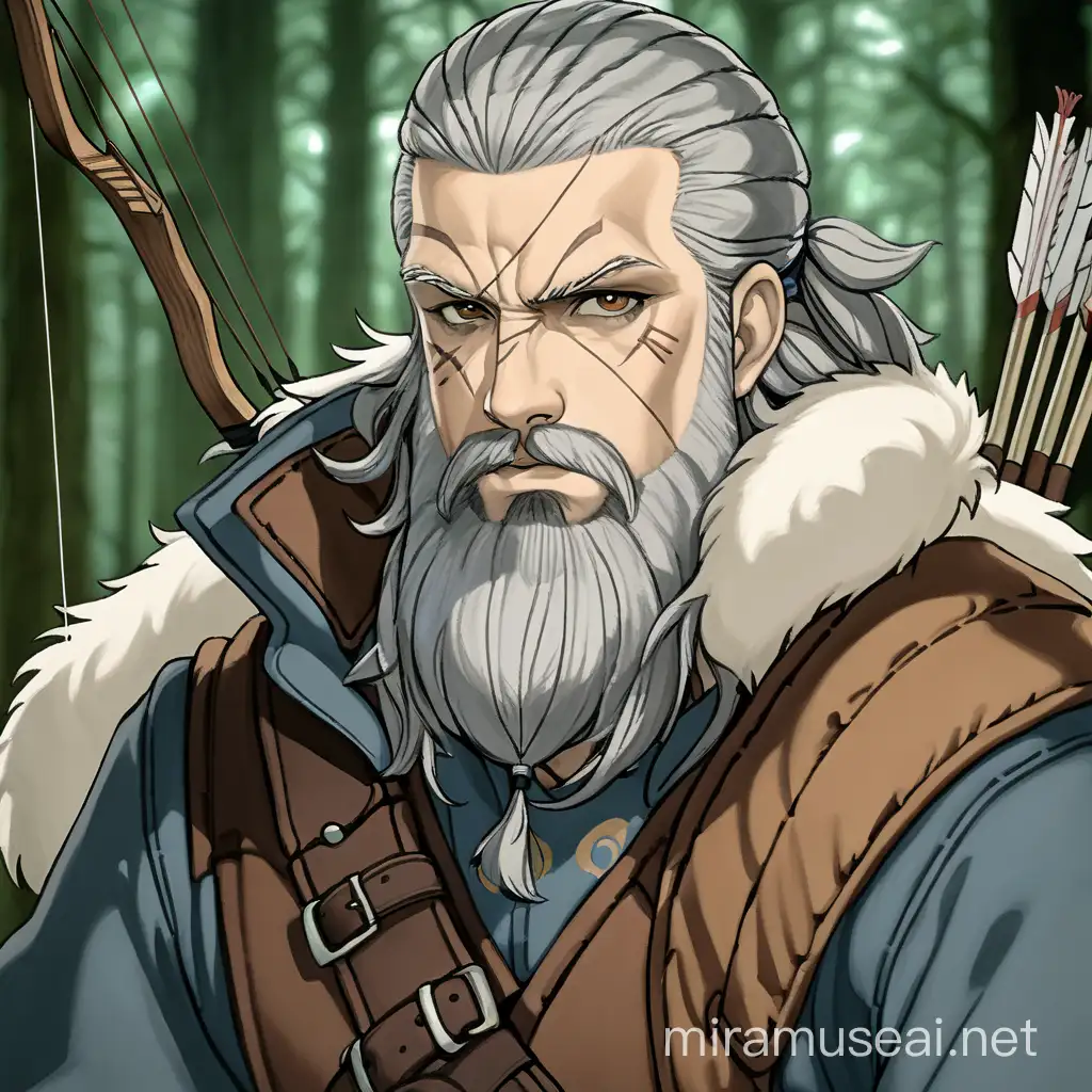 , younger man, stern expression, thick, greyish beard, greyish hair, drawn bow and arrow, dark forest background, vinland saga style, wolf pelt headwear, scar on face