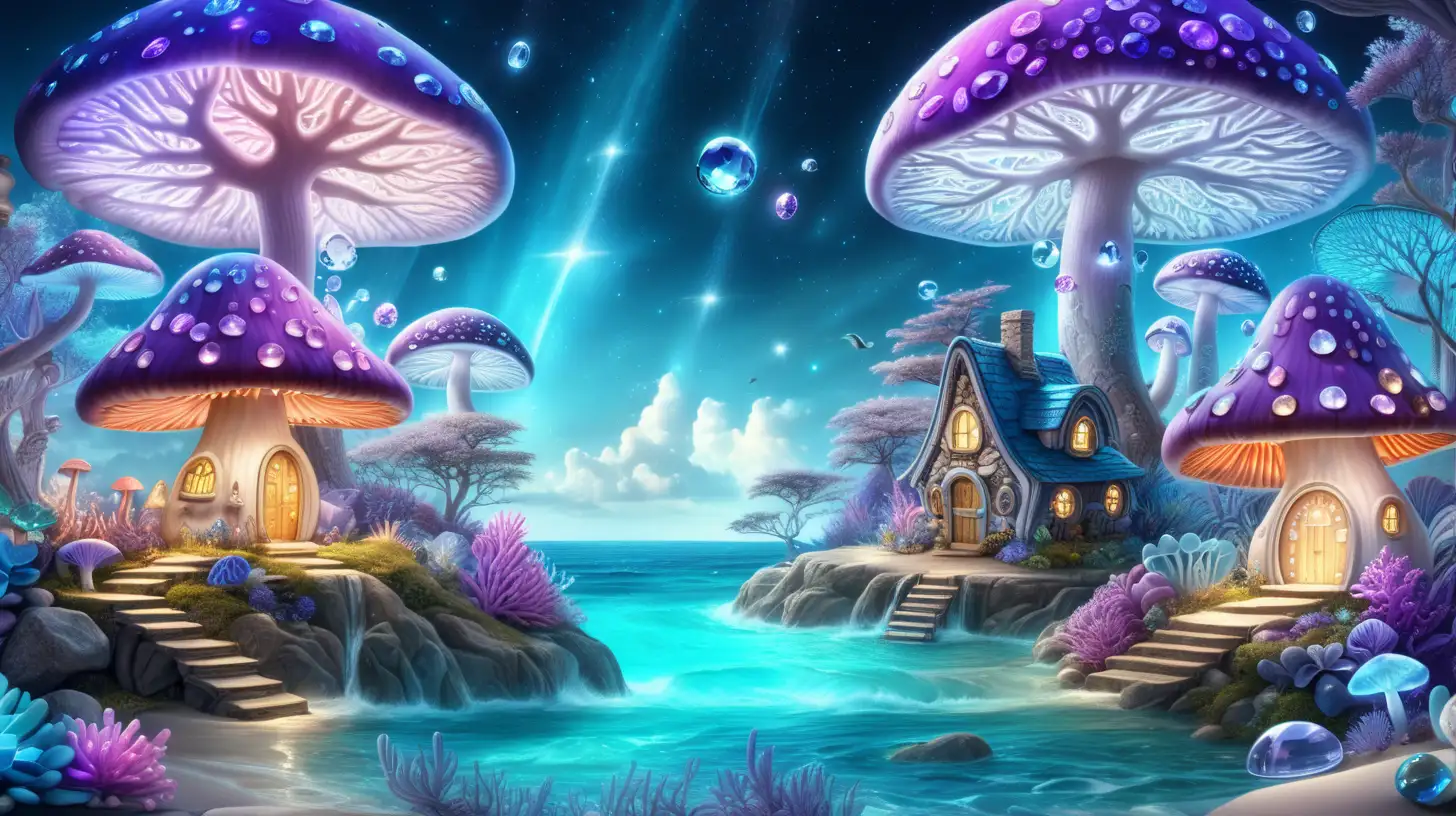 magical forest surrounding an ocean and sky and clouds and glowing books of white, blue, and neon purple with gemstone mushroom houses that have doors and windows in them and gemstone flowers and glowing, glimmers fantastical glowing trees and crystals and pearls with corals