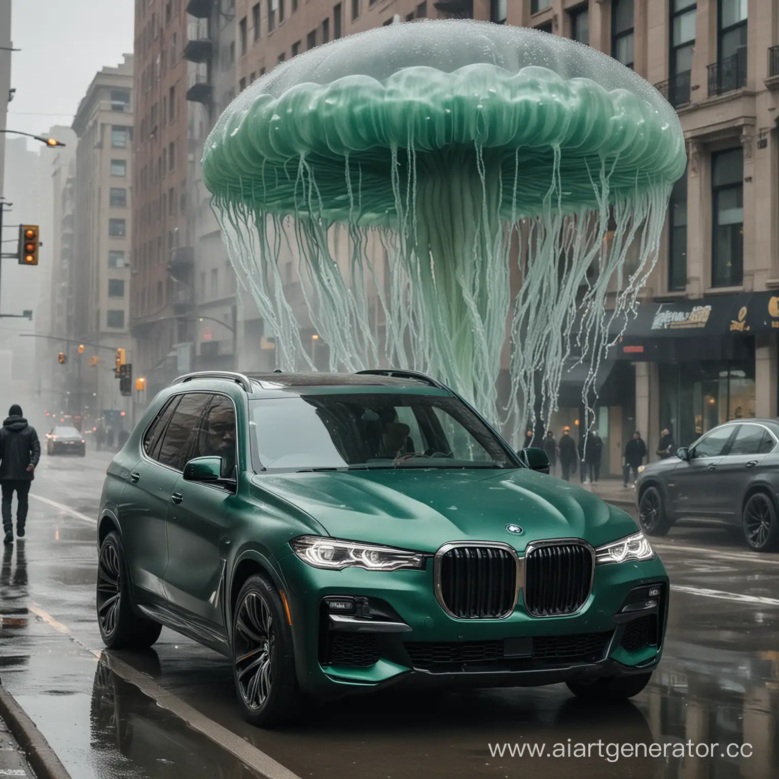 Майк Тайсон с медузой едет в матовом изумрудном BMW X7 по пасмурному городу