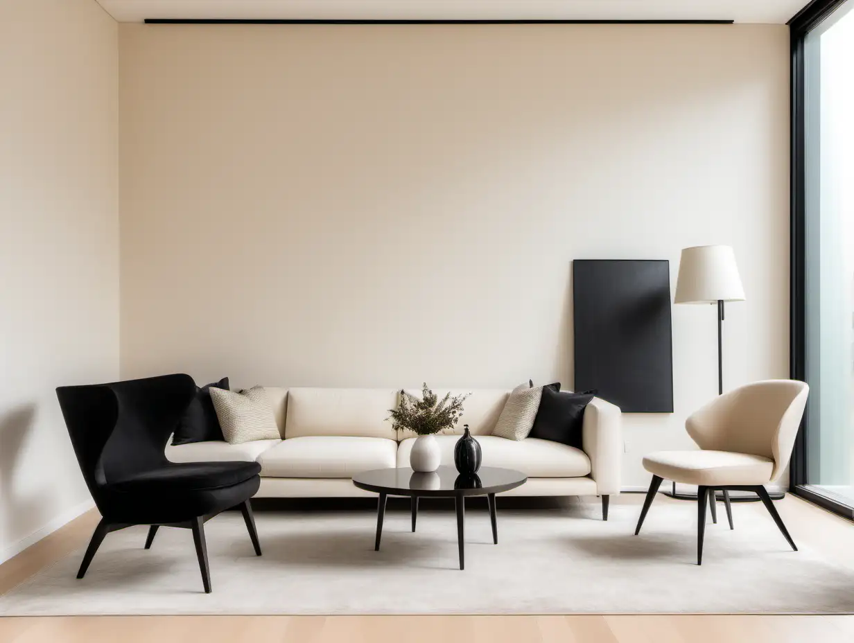 Commercial Photography, modern minimalist living room interior with  black chair and cream wall