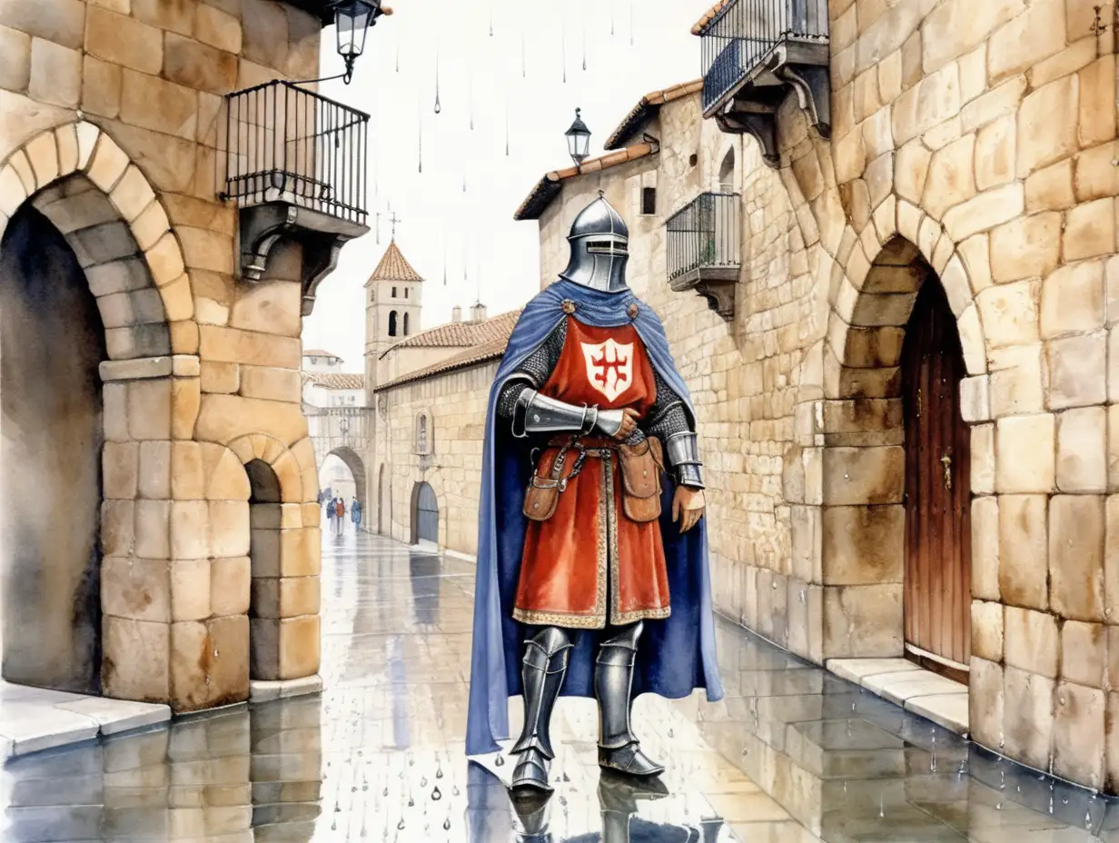 Santiago Knight in Rainy Medieval Soria Milo Manara Inspired Watercolor Art