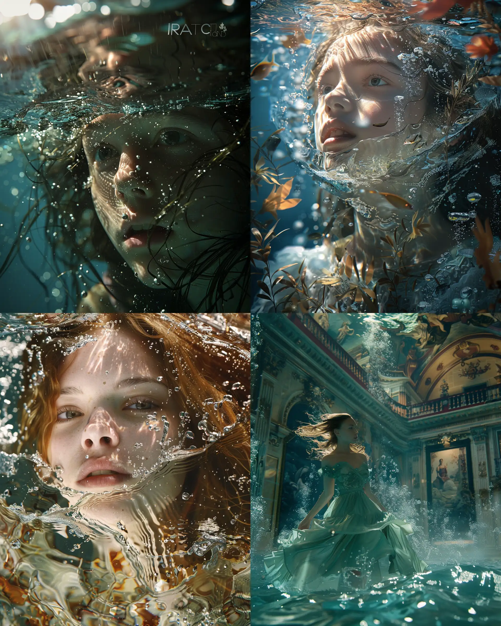girl in the water genemat 2013, in the style of imax, photorealistic compositions, baroque-inspired drama, ad posters, intricate underwater worlds, uhd image, sfumato --ar 51:64