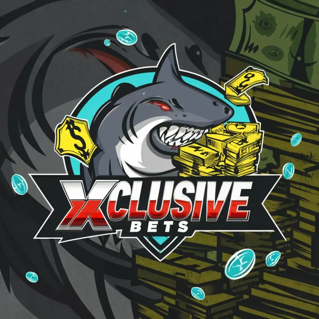 a logo design, with the text 'Xclusive Bets', main symbol: I need a hungry shark with money, complex, be used in Sports Fitness industry, clear background